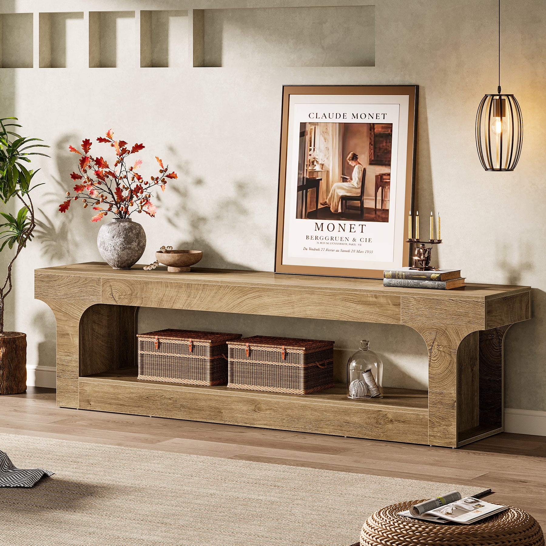 63” Farmhouse TV Stand for 55–75 Inch TVs, Entertainment Center with 2-Tier Open Storage Shelves