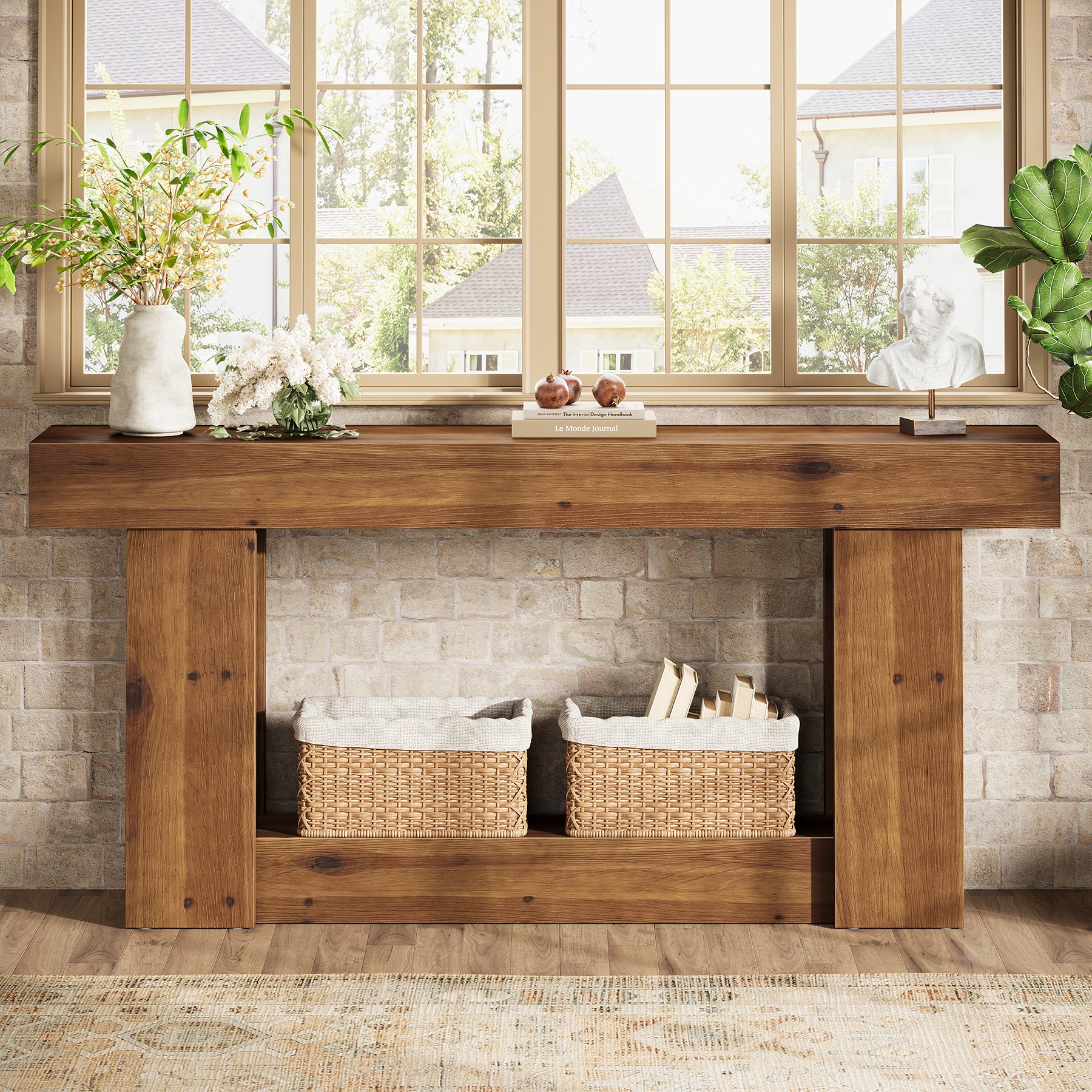 2-Tier Solid Wood Console Table, 63" Entryway Table with U-Shaped Base