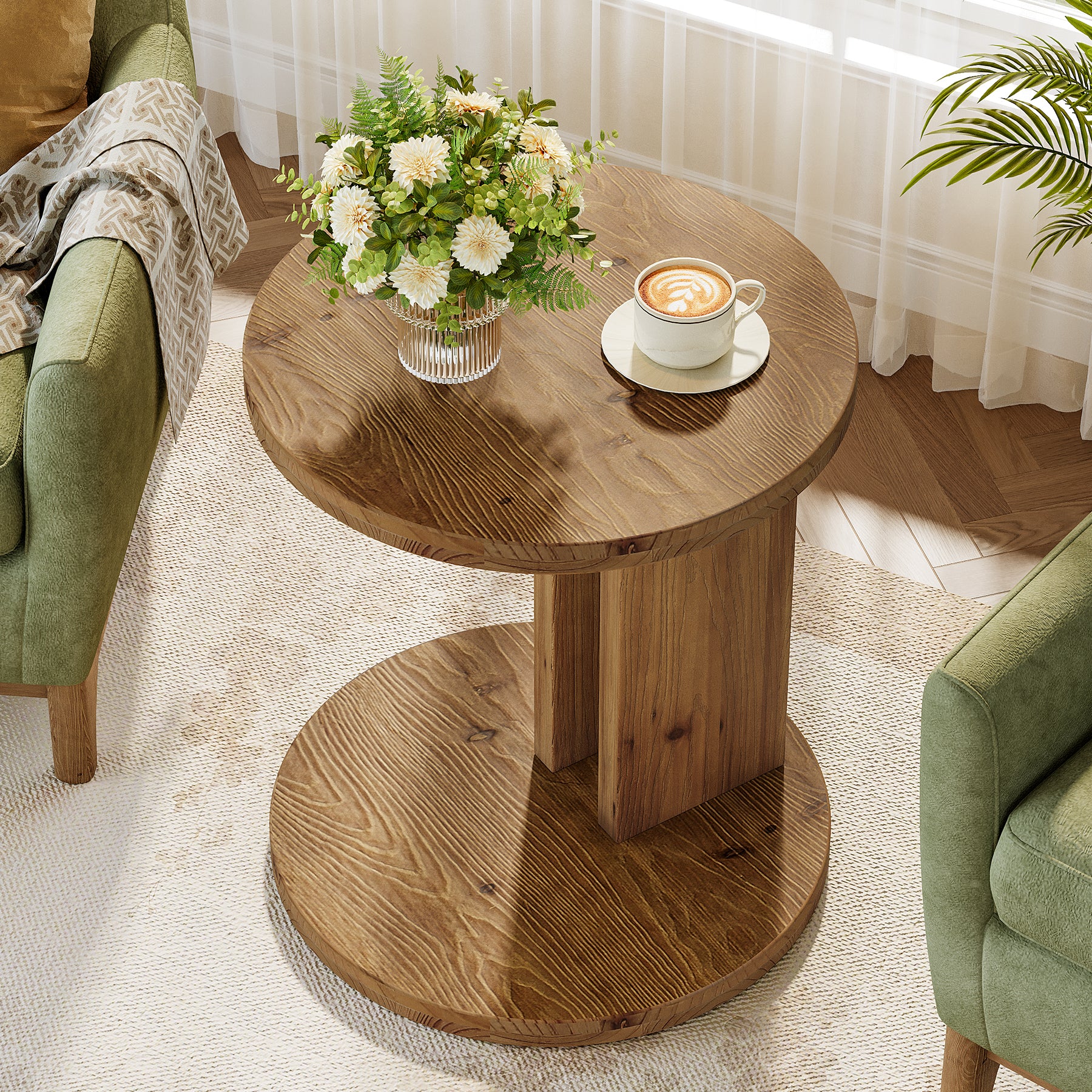 Solid Wood End Table, C-Shaped Round Side Table for for Living Room