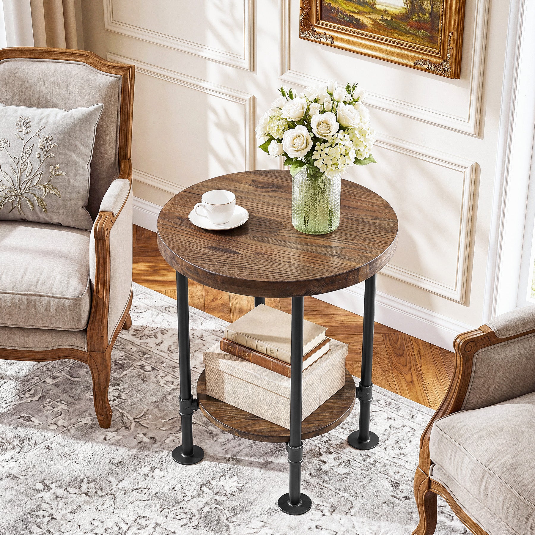 Round End Table, 2-Tier Side Table with Solid Wood Top & Metal Pipe Legs for Living Room