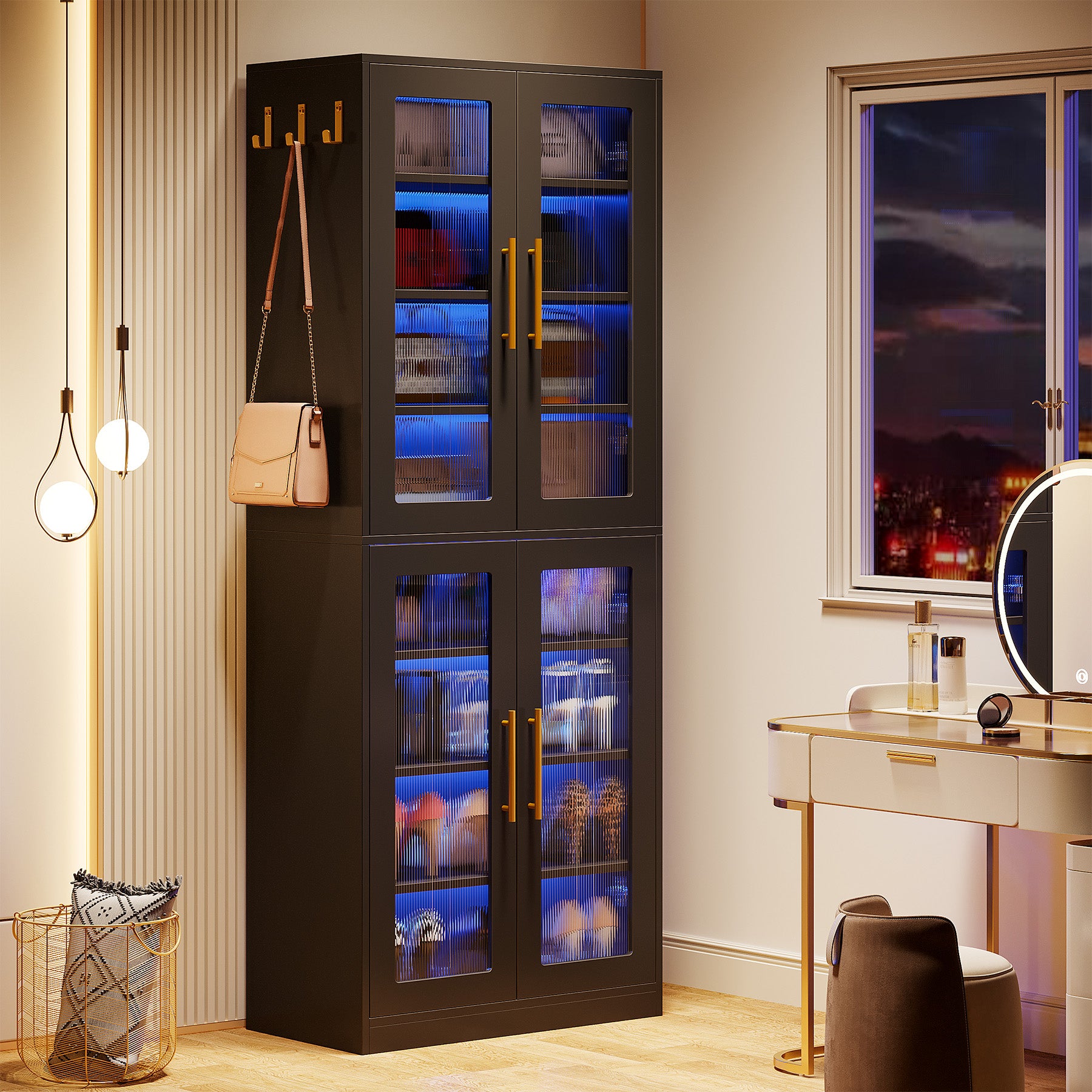 66.9" Tall Shoe Storage Cabinet, 8-Tier Entryway Shoe Organizer Rack with Acrylic Doors and LED Lights