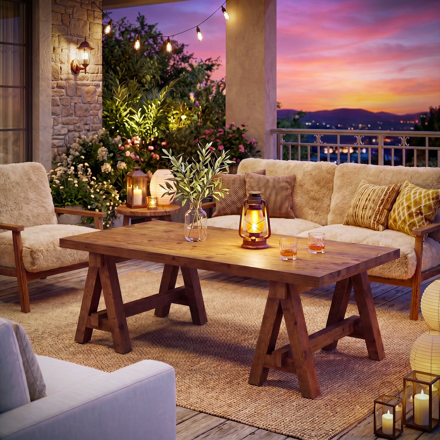 Solid Wood Coffee Table, 47" Farmhouse Center Table with Trestle Base for Living Room