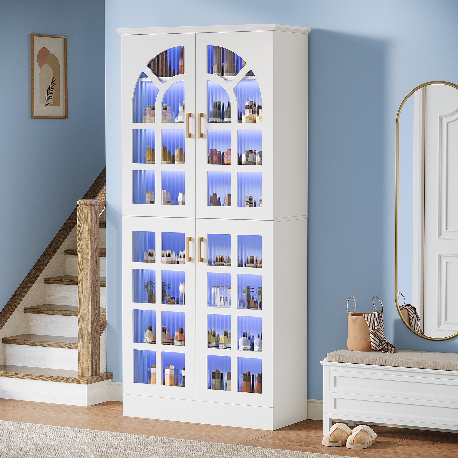 69" Shoe Cabinet, 8-Tier Shoe Rack Organizer with Doors and Led Lights