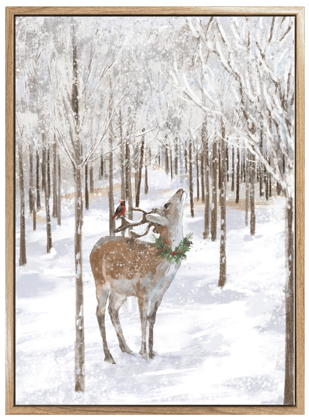 28x20 Christmas Deer Wall Art, Hand-Painted Farmhouse Winter Forest Canvas