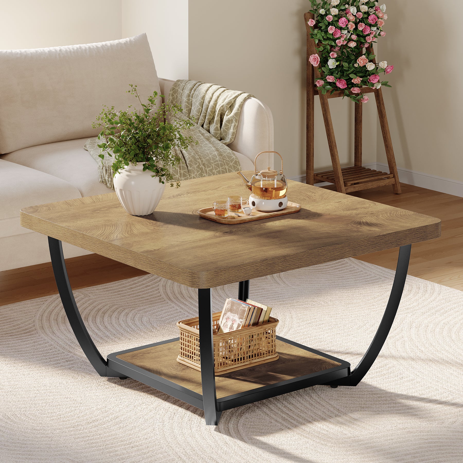 31.5" Coffee Table, Square 2-Tier Accent Center Cocktail Table with Storage