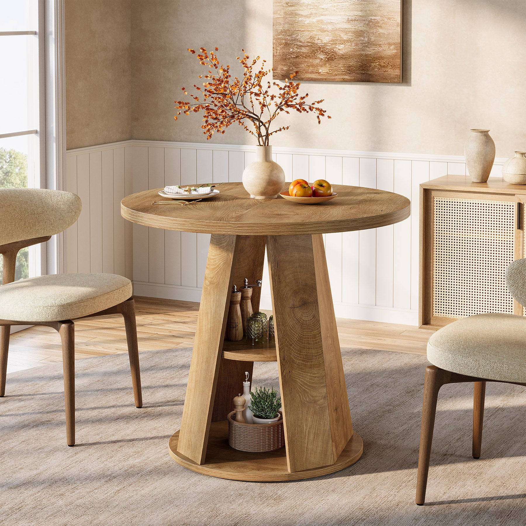 31.5" Dining Table, Modern Round Kitchen Table with Storage Shelf