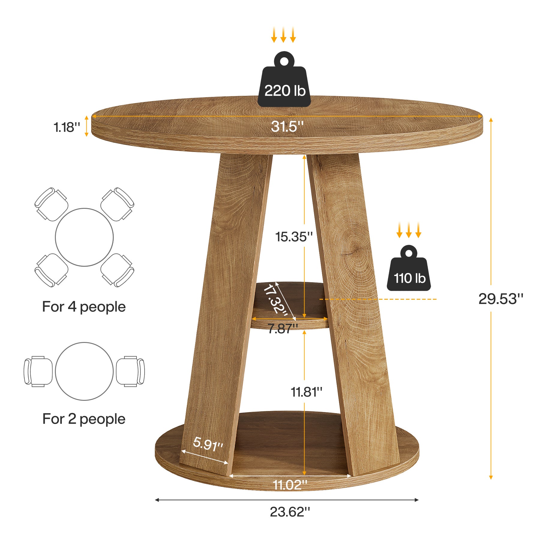 31.5" Dining Table, Modern Round Kitchen Table with Storage Shelf