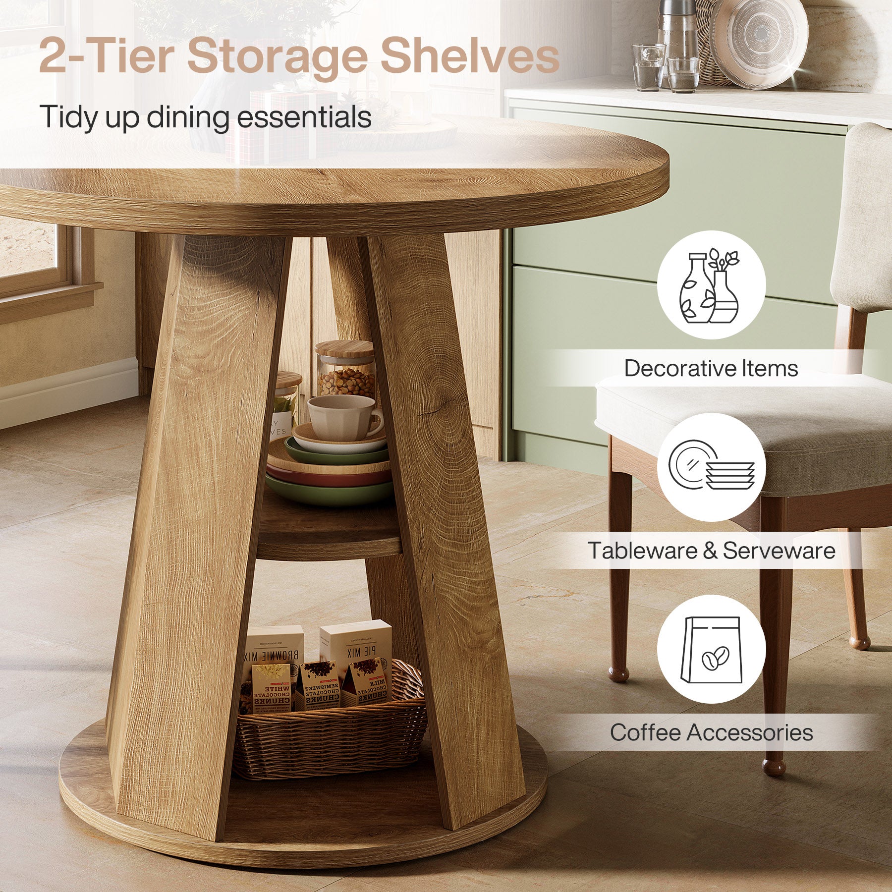 31.5" Dining Table, Modern Round Kitchen Table with Storage Shelf