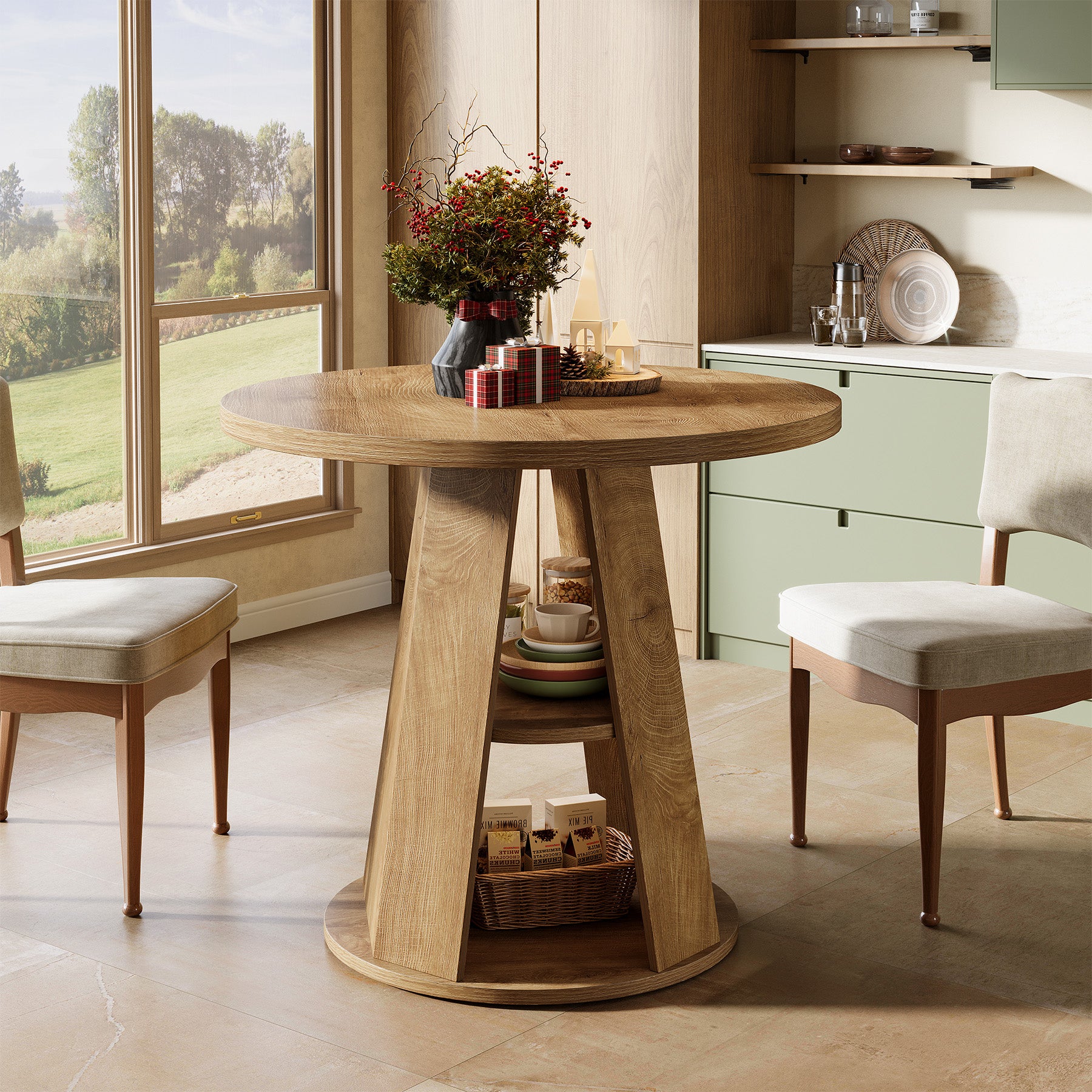 31.5" Dining Table, Modern Round Kitchen Table with Storage Shelf