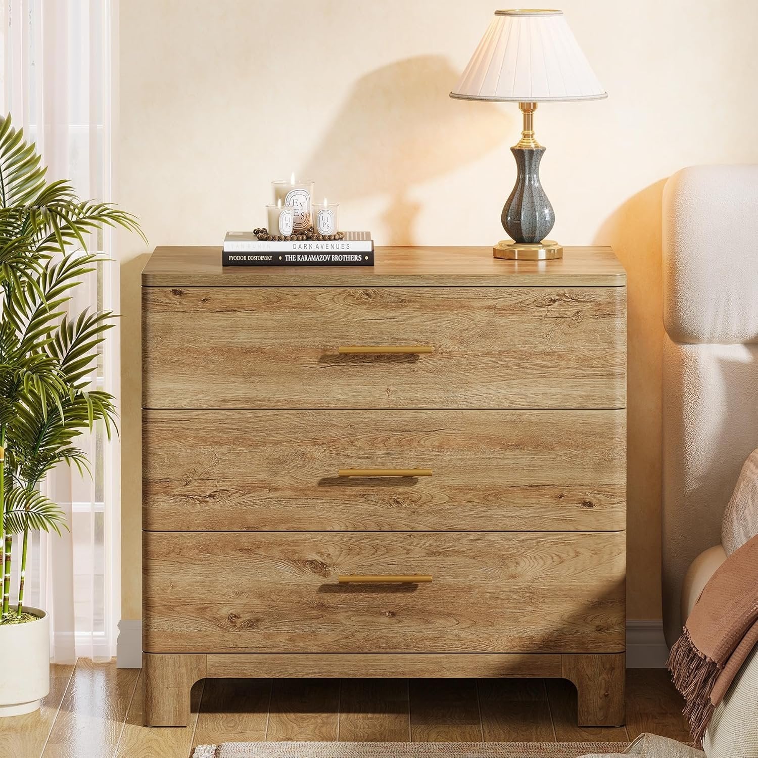 31.5" Farmhouse Nightstand, Oversized Bedside Table with 3 Storage Drawers