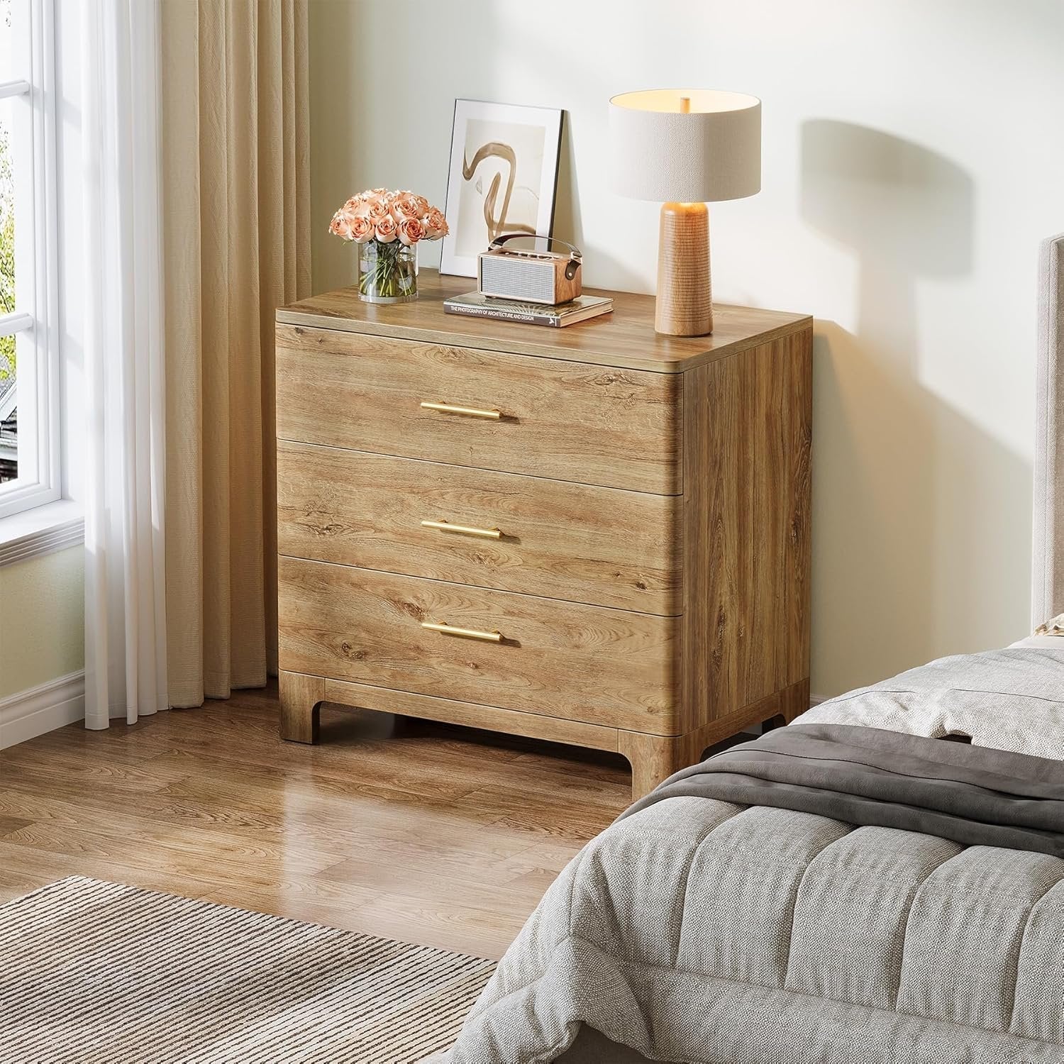 31.5" Farmhouse Nightstand, Oversized Bedside Table with 3 Storage Drawers