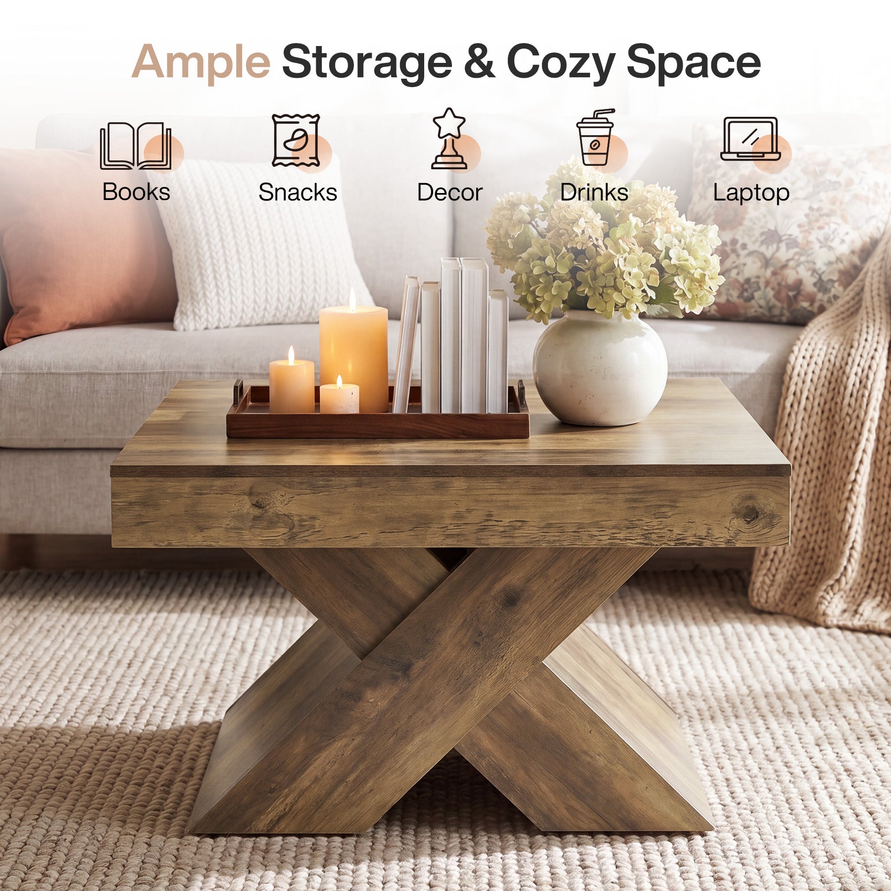 31.5“ Farmhouse Wood Coffee Table, Rustic Accent Center Table for Living Room