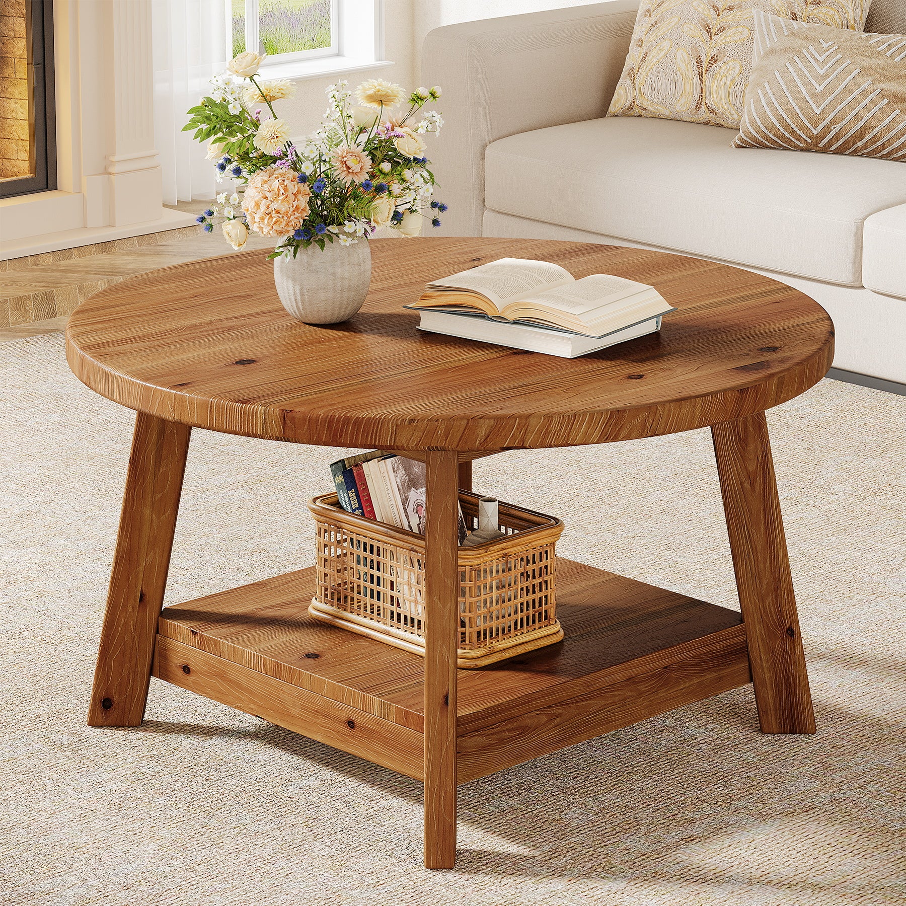 31.5" Round Coffee Table, 2-Tier Solid Wood Center Cocktail Accent Table