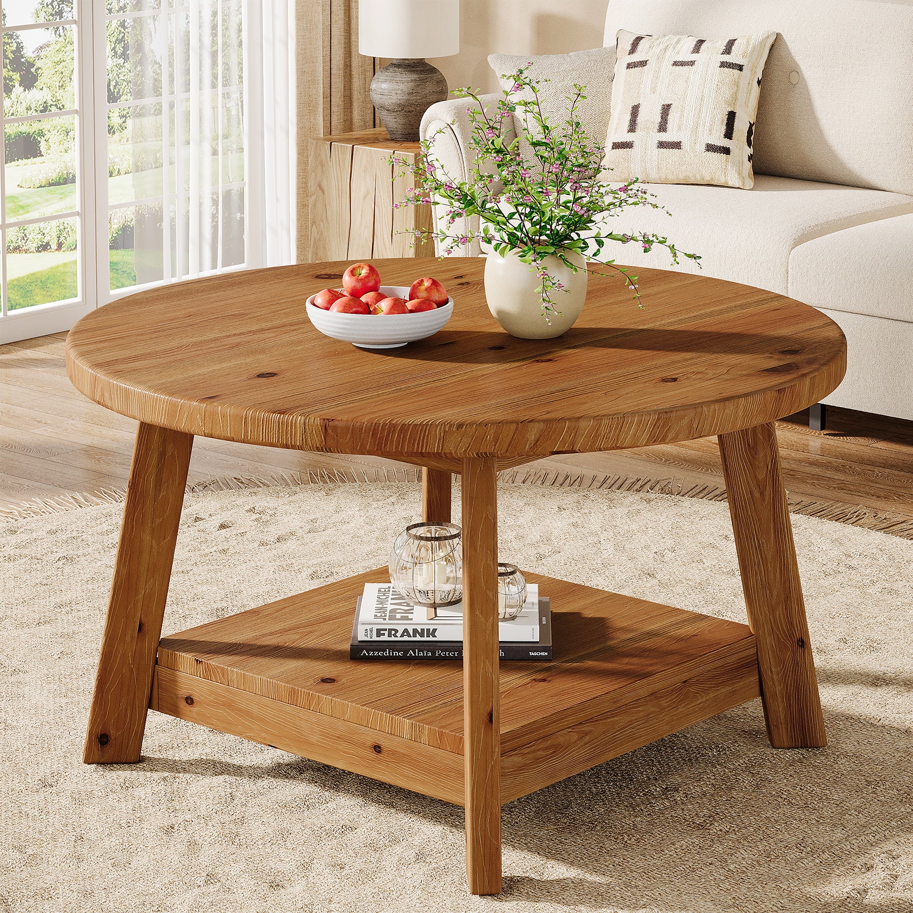 31.5" Round Coffee Table, 2-Tier Solid Wood Center Cocktail Accent Table