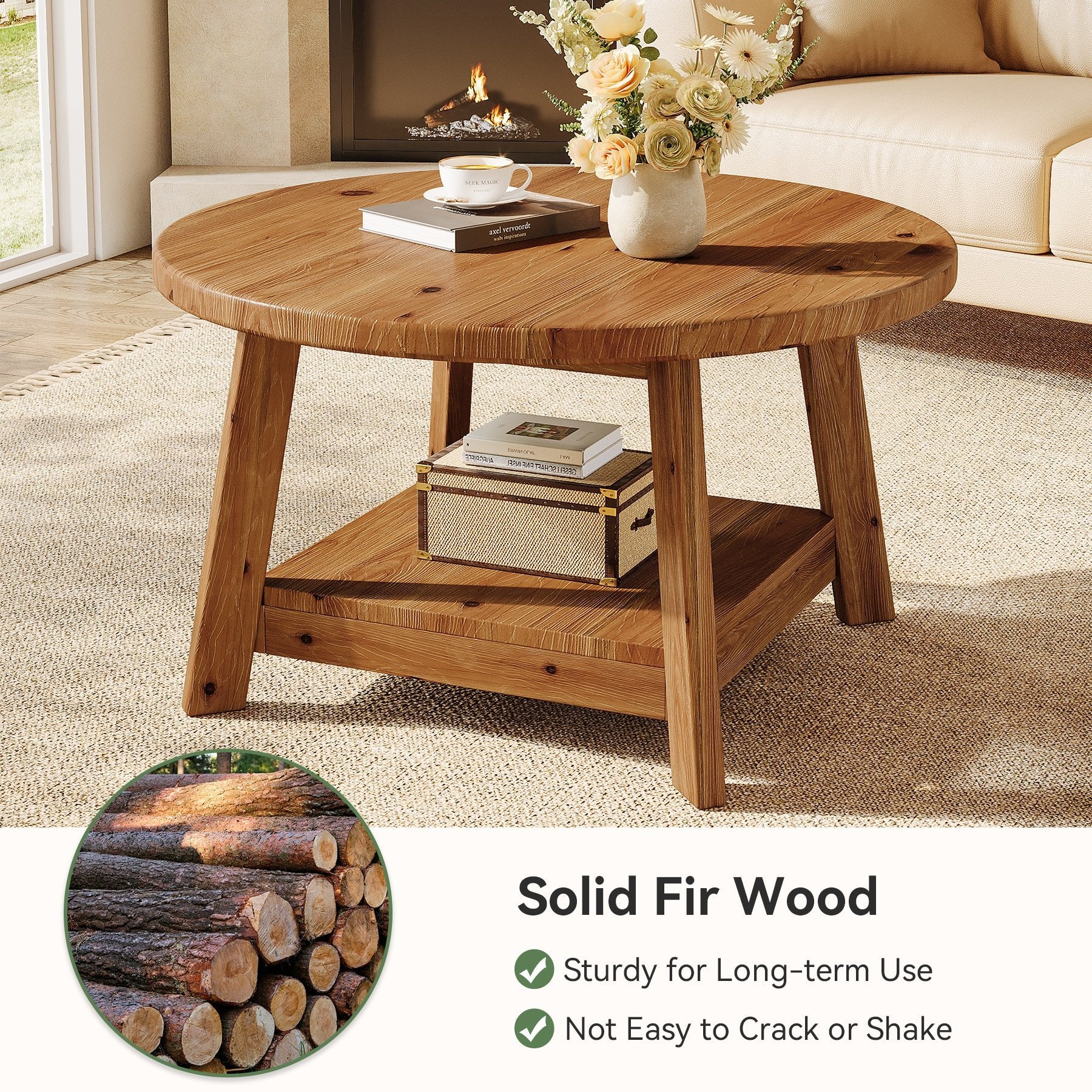 31.5" Round Coffee Table, 2-Tier Solid Wood Center Cocktail Accent Table