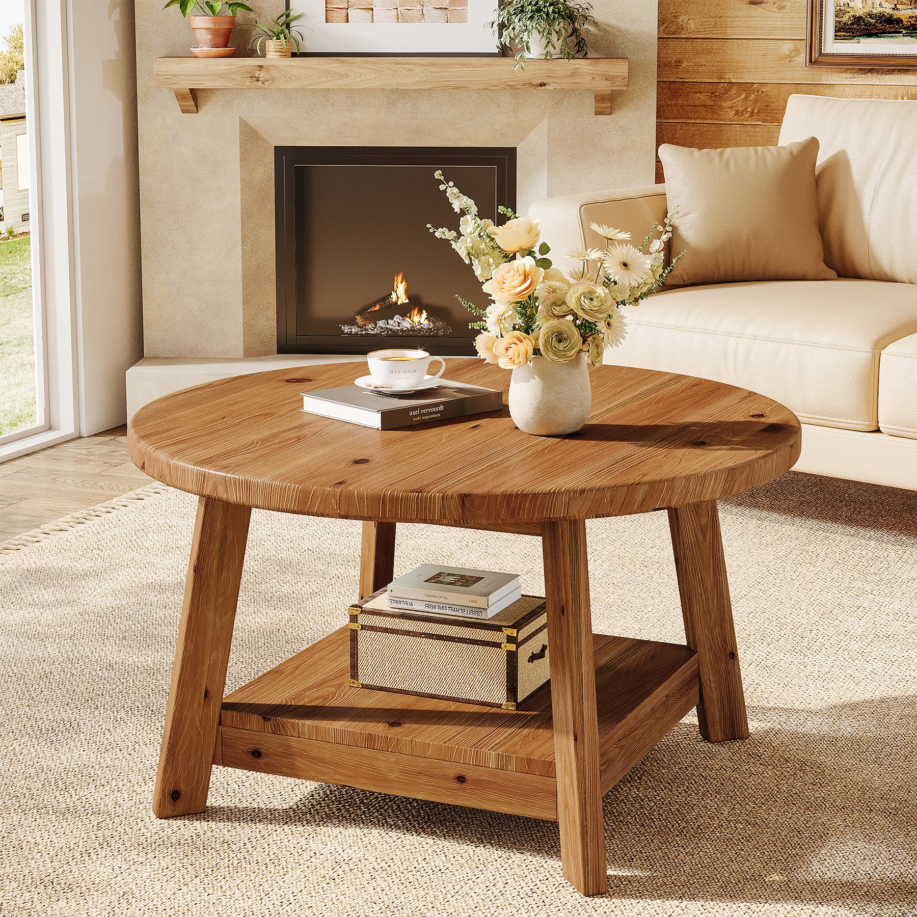 31.5" Round Coffee Table, 2-Tier Solid Wood Center Cocktail Accent Table