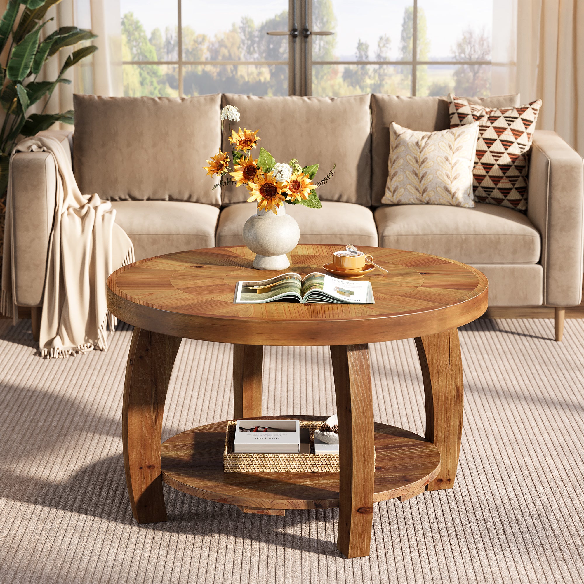31.5" Round Coffee Table, 2-Tier Solid Wood Center Table with Mosaic Pattern