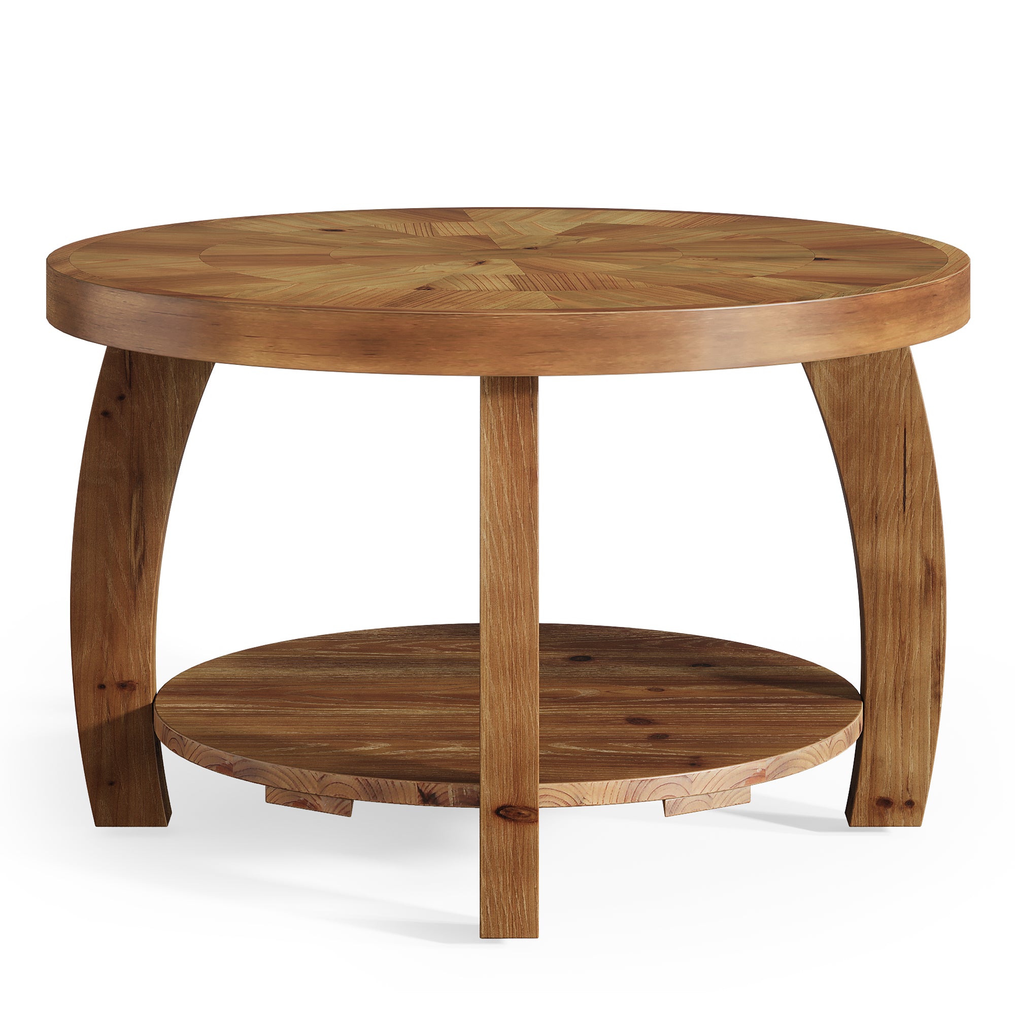31.5" Round Coffee Table, 2-Tier Solid Wood Center Table with Mosaic Pattern