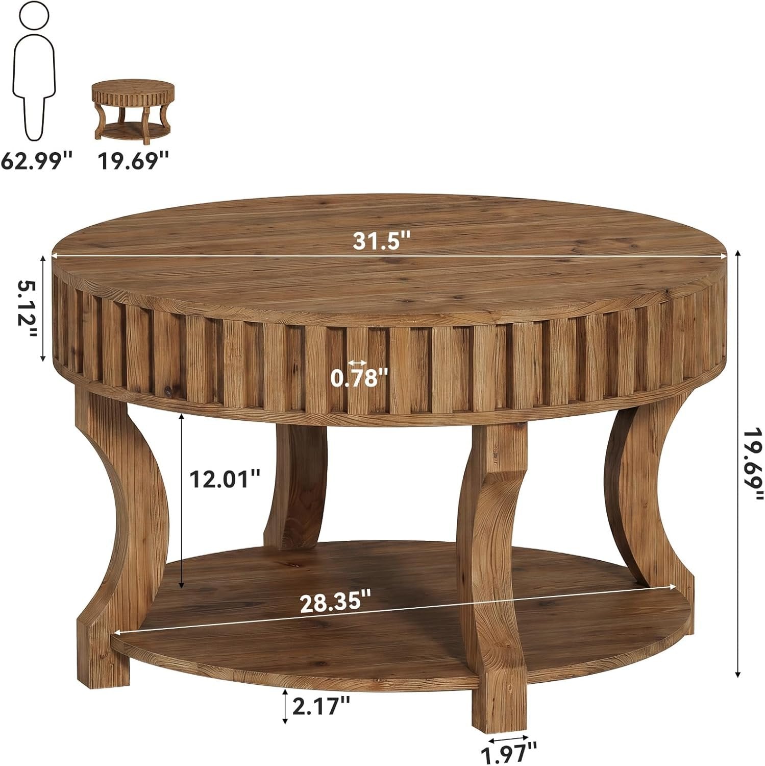 31.5" Round Coffee Table, Farmhouse 2-Tier Center Table with Storage for Living Room