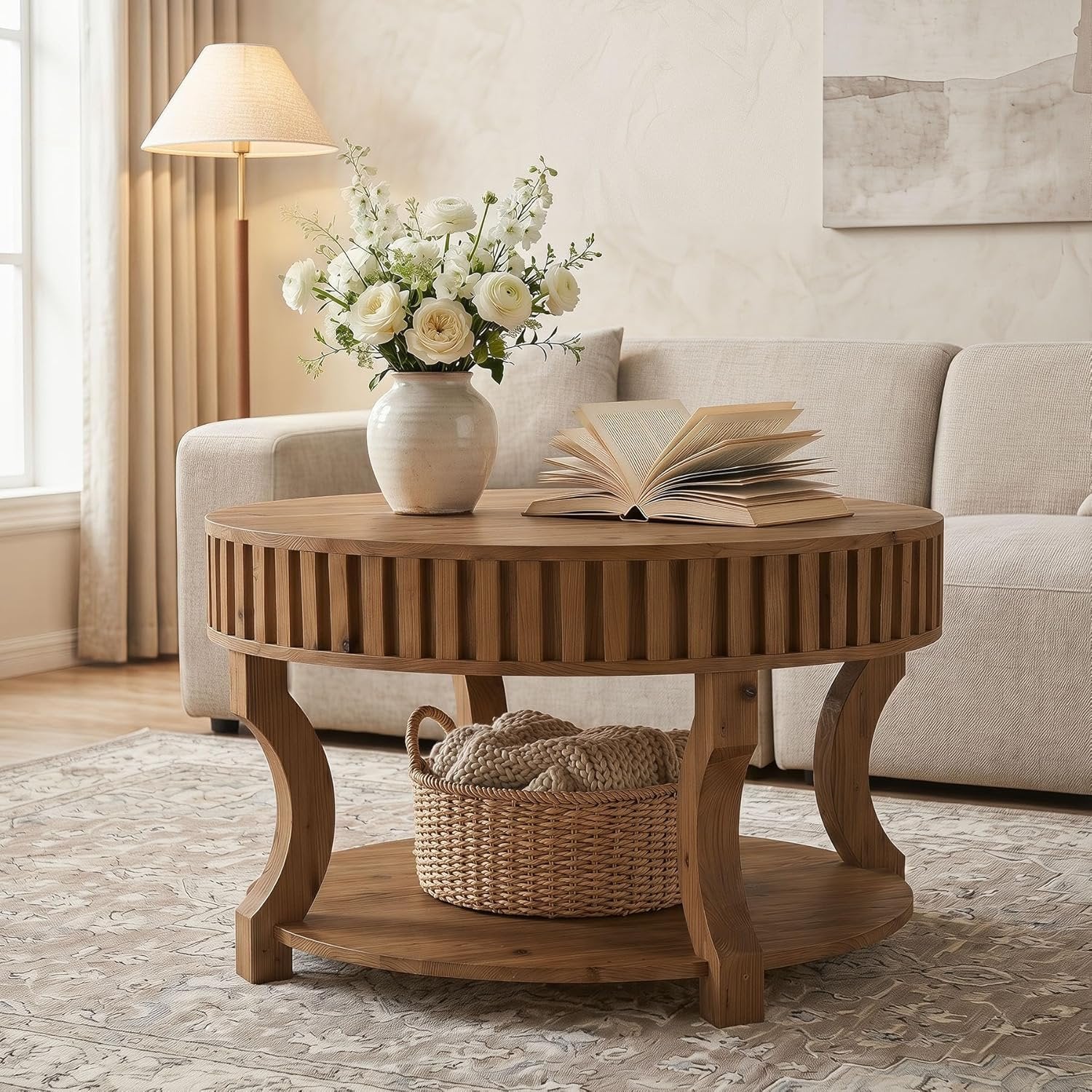 31.5" Round Coffee Table, Farmhouse 2-Tier Center Table with Storage for Living Room