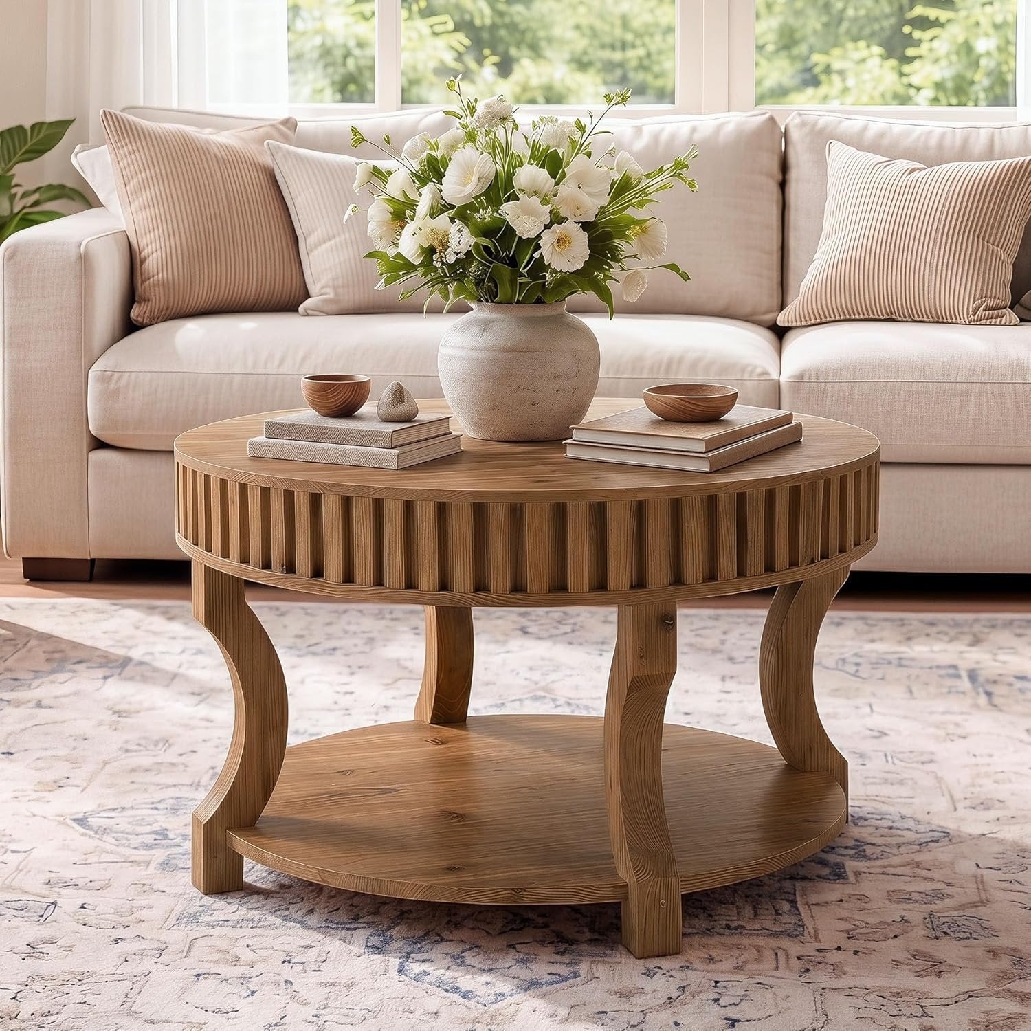 31.5" Round Coffee Table, Farmhouse 2-Tier Center Table with Storage for Living Room