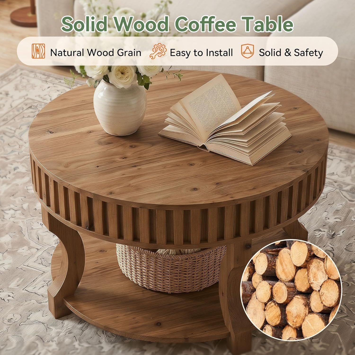 31.5" Round Coffee Table, Farmhouse 2-Tier Center Table with Storage for Living Room