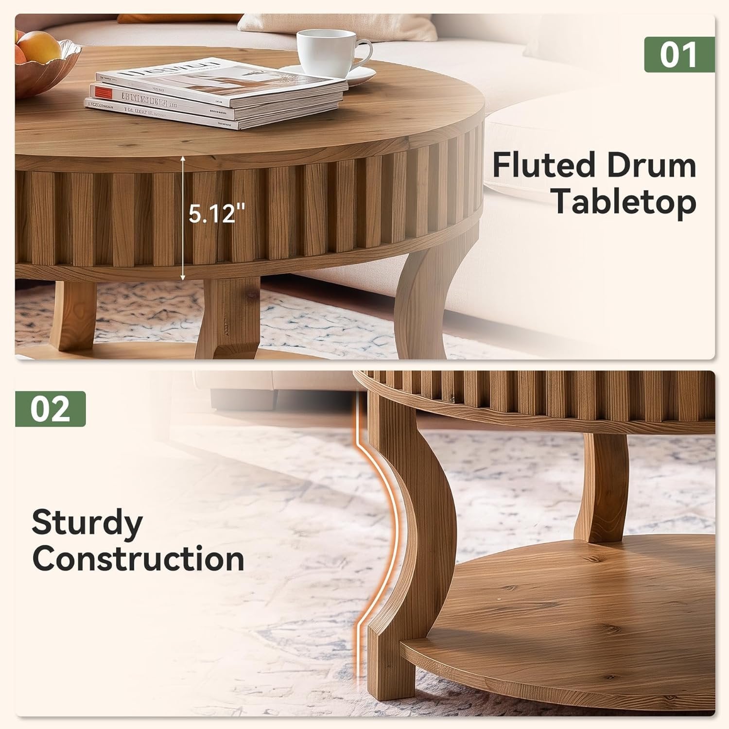 31.5" Round Coffee Table, Farmhouse 2-Tier Center Table with Storage for Living Room