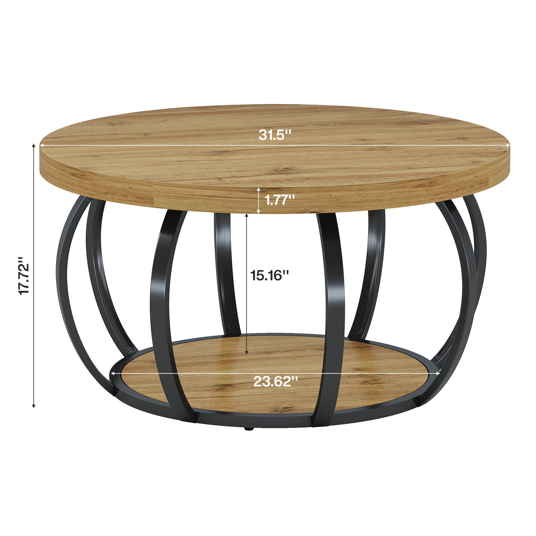 31.5" Round Coffee Table, Farmhouse Accent Center Table with 2-Tier Shelf