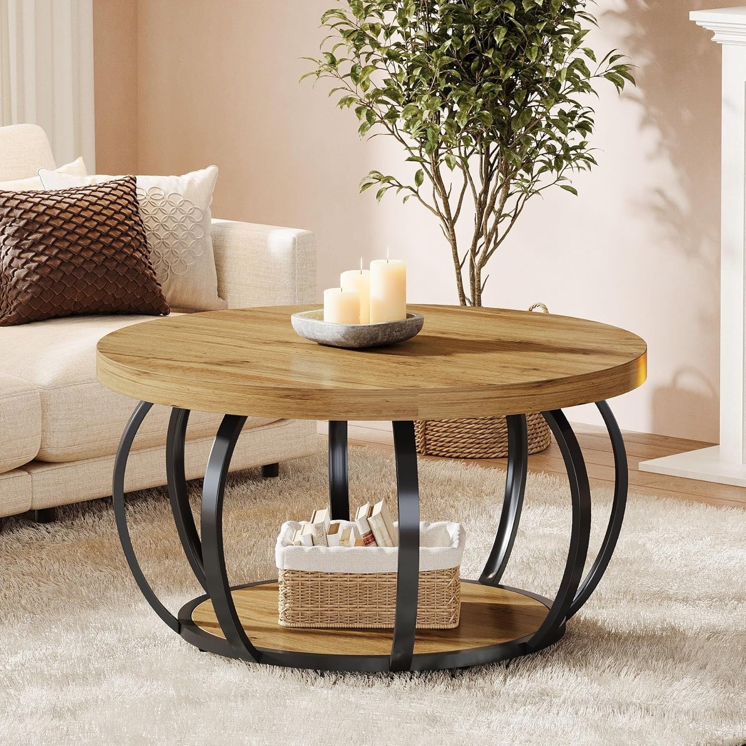 31.5" Round Coffee Table, Farmhouse Accent Center Table with 2-Tier Shelf