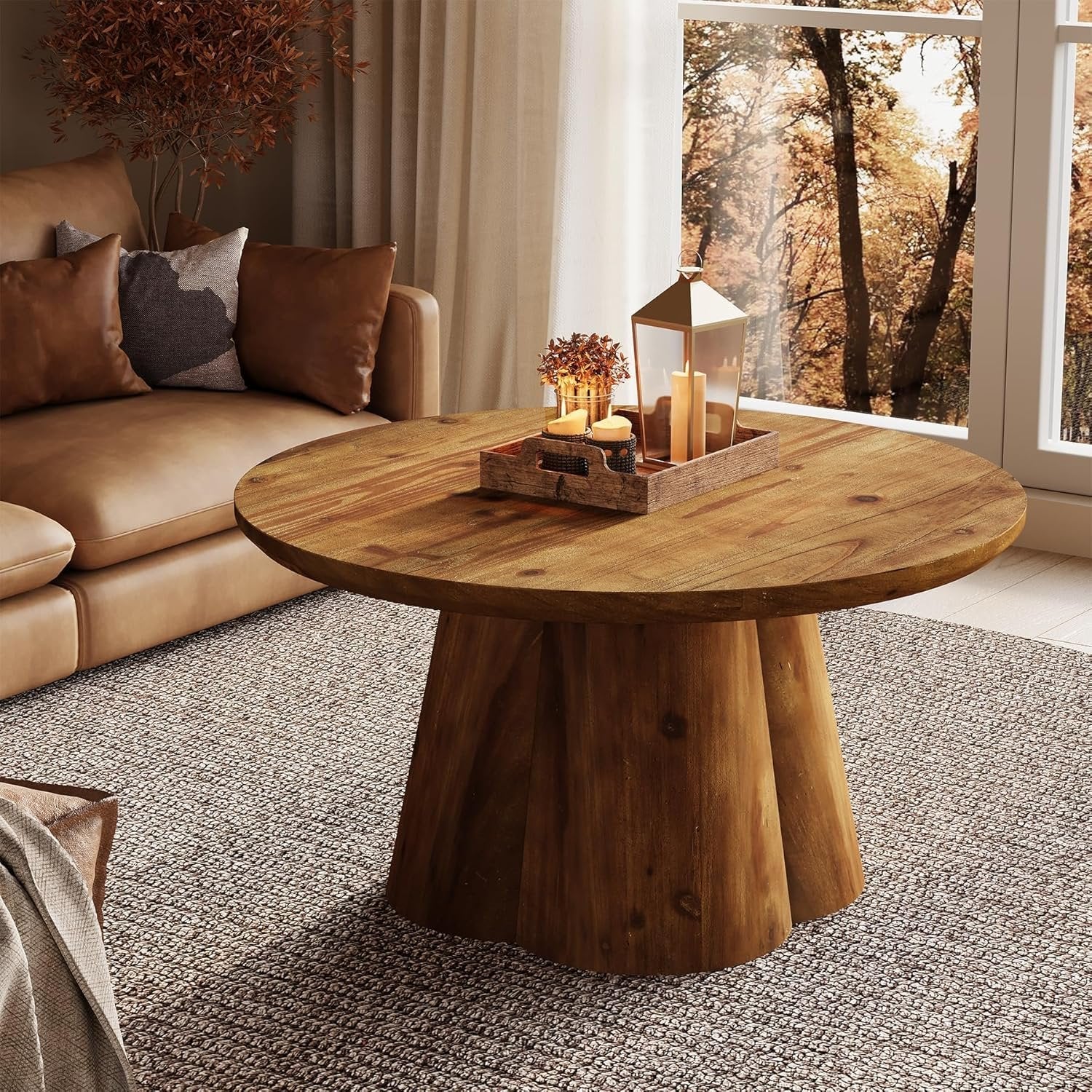 31.5" Round Coffee Table, Farmhouse Solid Wood Center Tea Table with Robust Base