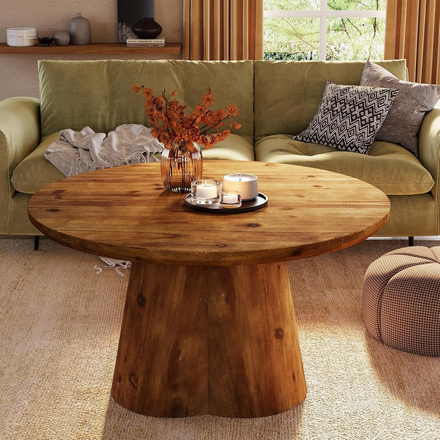31.5" Round Coffee Table, Farmhouse Solid Wood Center Tea Table with Robust Base