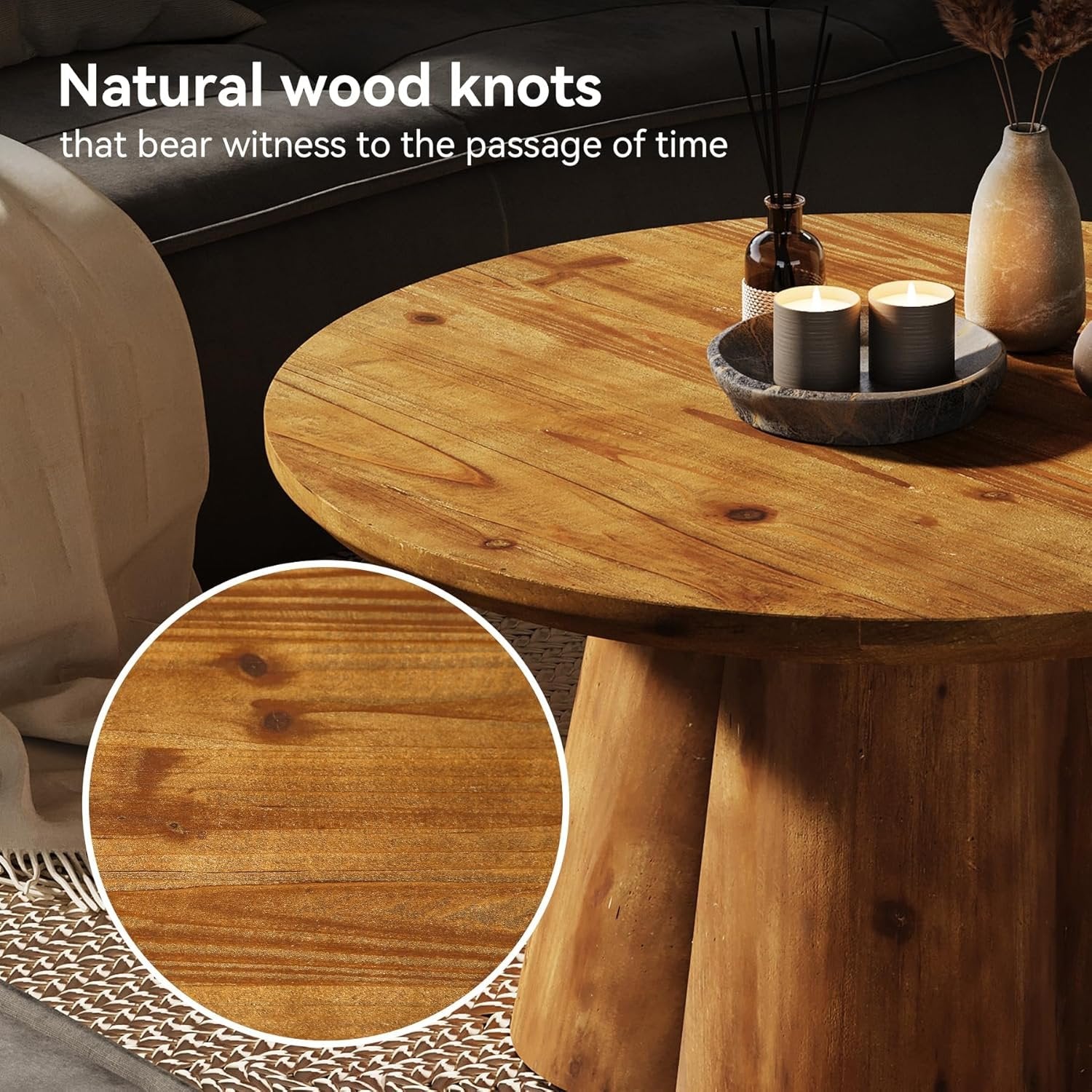 31.5" Round Coffee Table, Farmhouse Solid Wood Center Tea Table with Robust Base