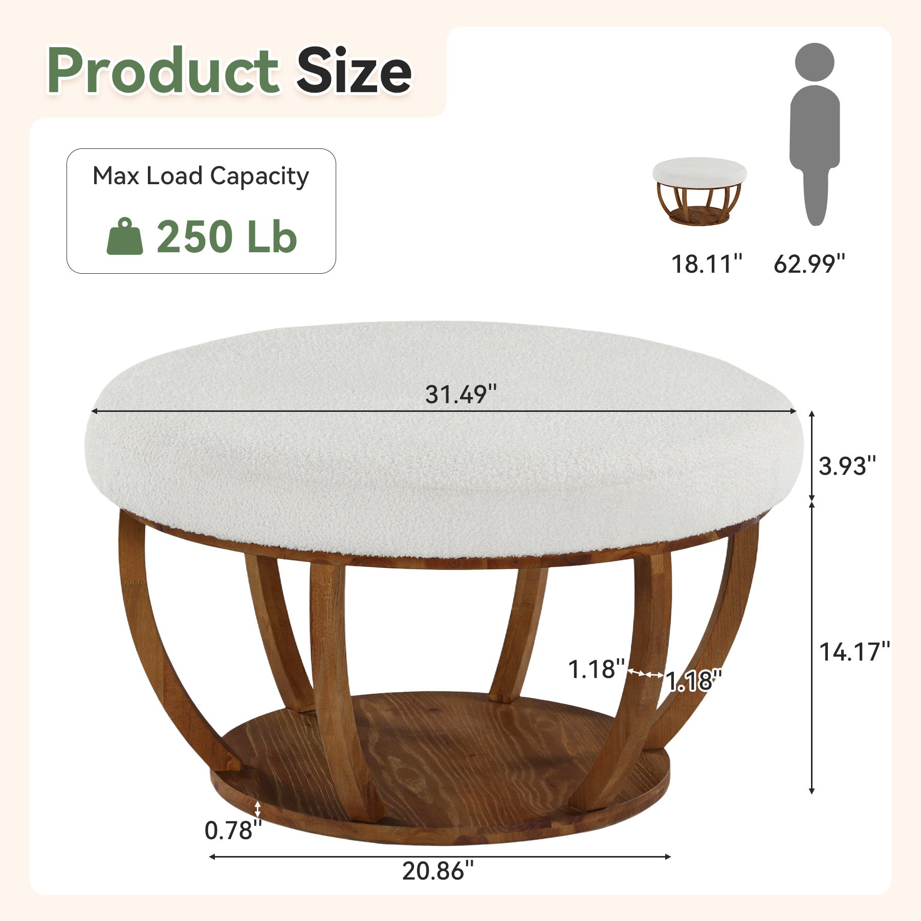 31.5" Round Coffee Table, Modern Footrest Ottoman Center Table with Solid Wood Frame