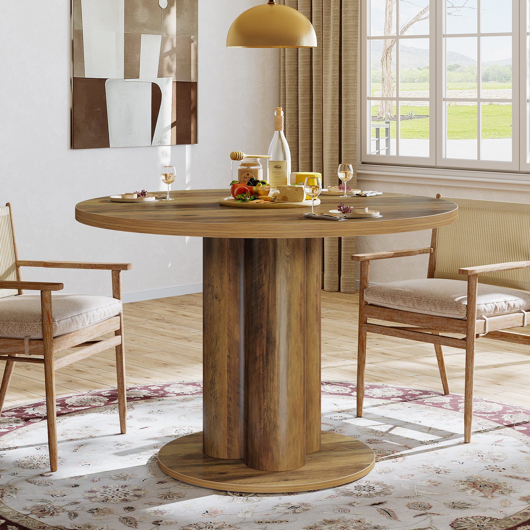 31.5" Round Dining Table, Farmhouse Pedestal Base Kitchen Table for 2-4 People