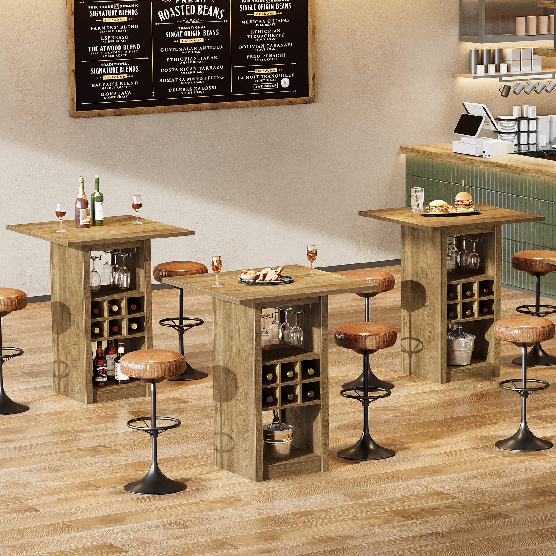 31.5" Square Bar Table, 4-Tier Counter Height Home Bar Unit with Glass Holders and Wine Racks