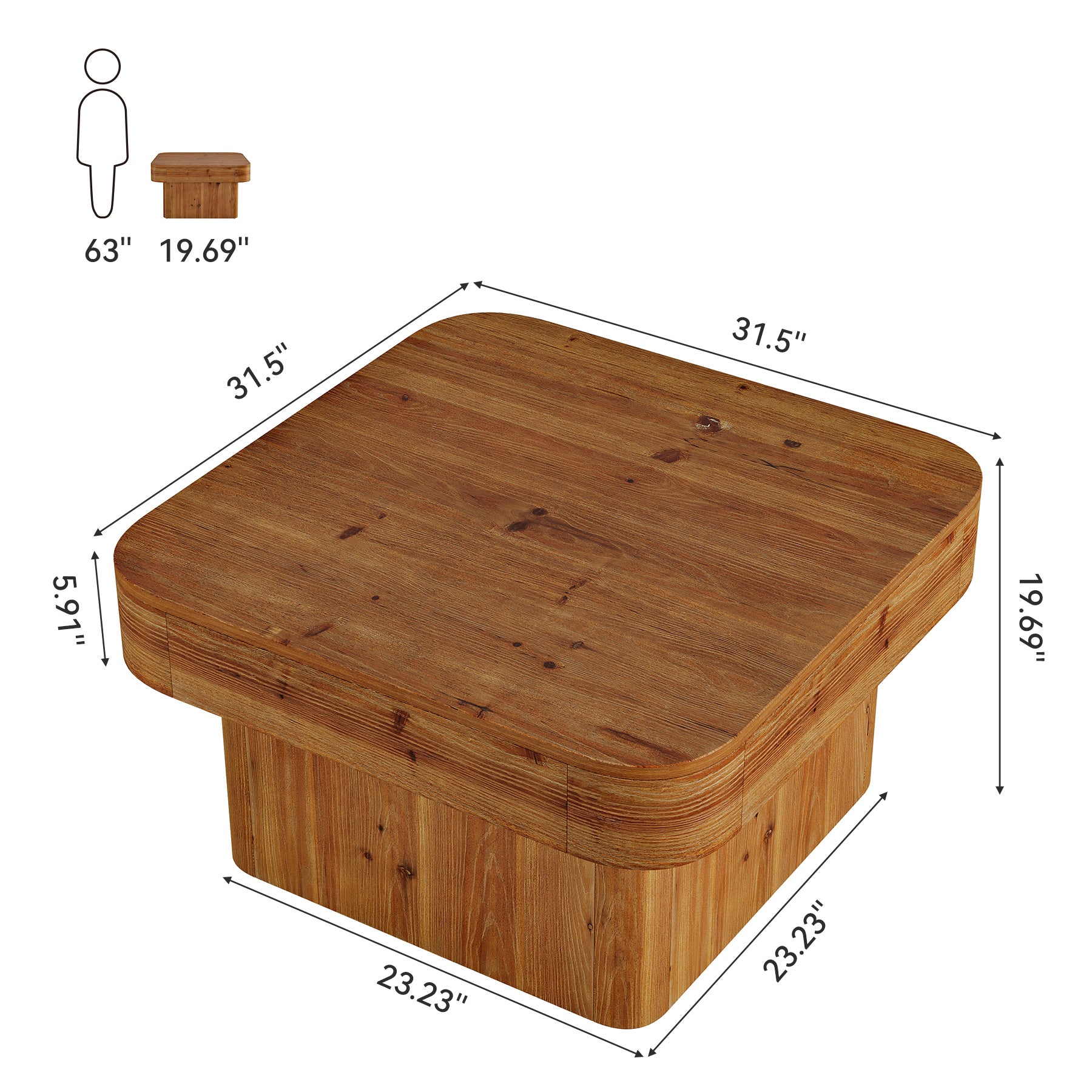 31.5" Square Coffee Table, Farmhouse Solid Wood Center Table