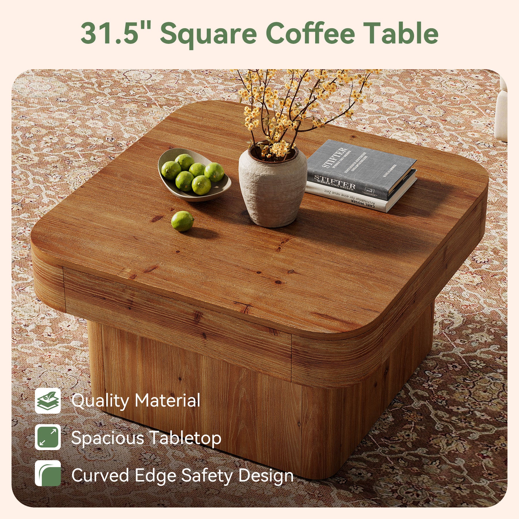31.5" Square Coffee Table, Farmhouse Solid Wood Center Table