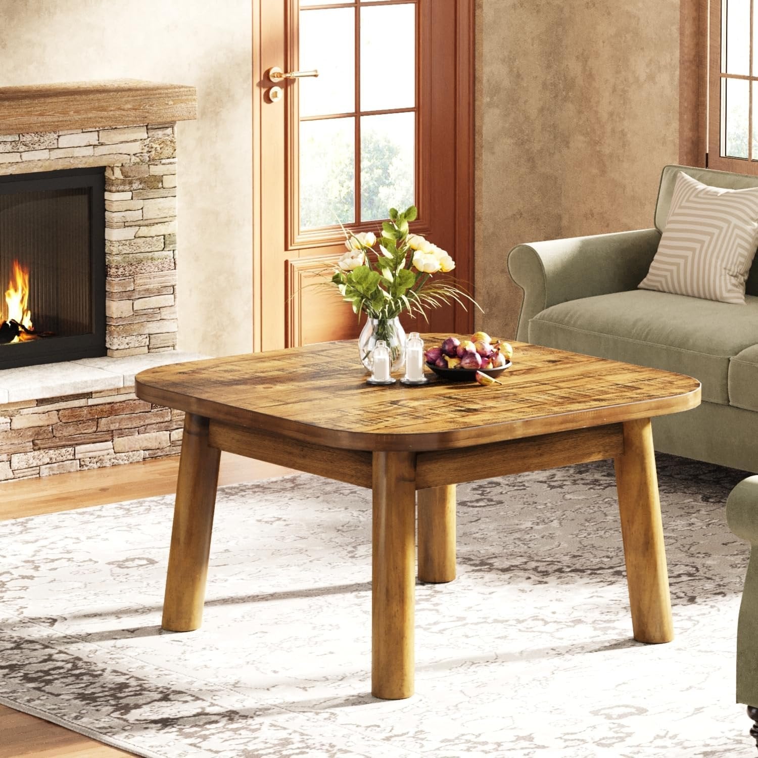 31.5" Square Coffee Table, Farmhouse Solid Wood Center Table with Rounded Corners