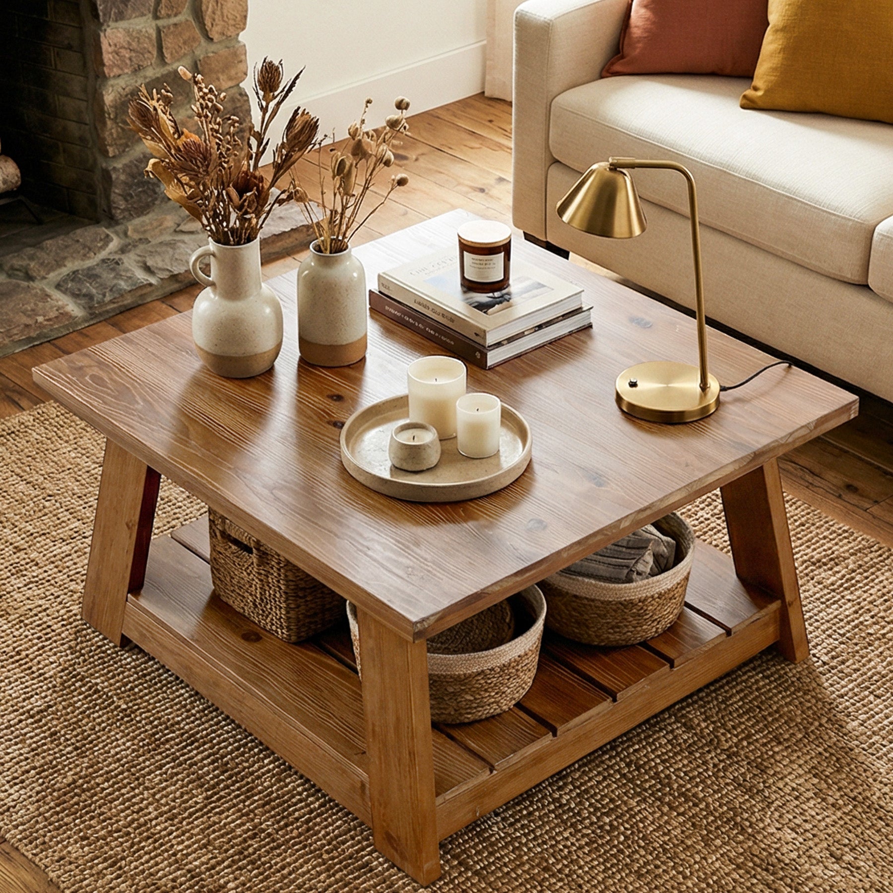 31.5" Square Coffee Table, Solid Wood 2-Tier Accent Center Cocktail Table