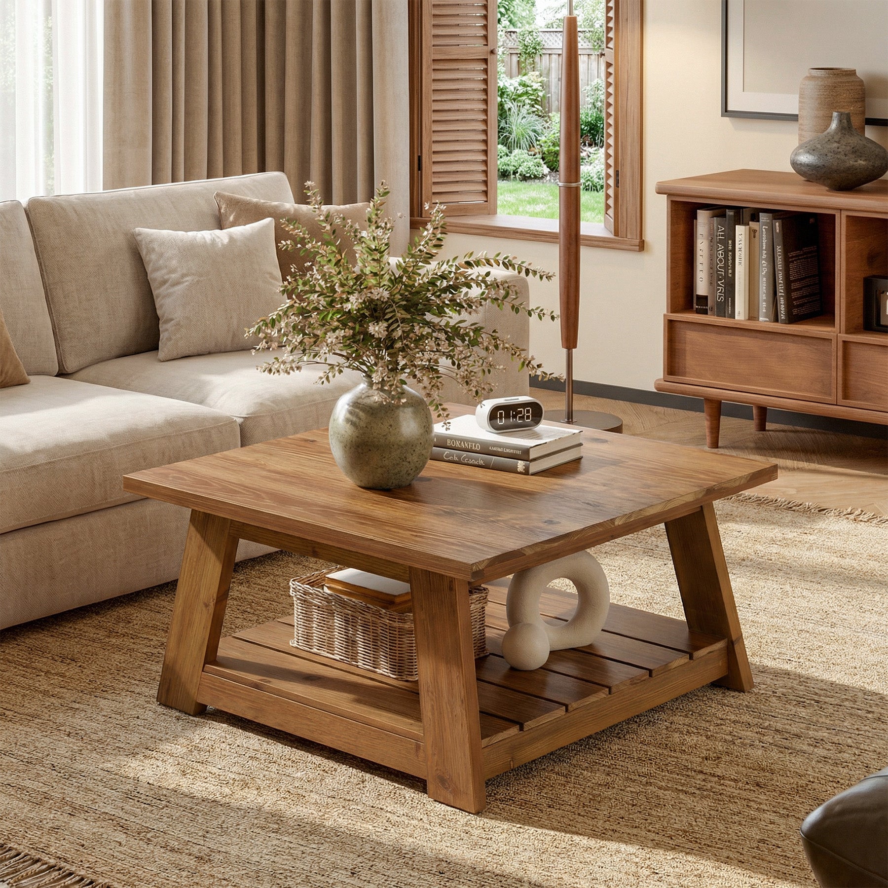 31.5" Square Coffee Table, Solid Wood 2-Tier Accent Center Cocktail Table