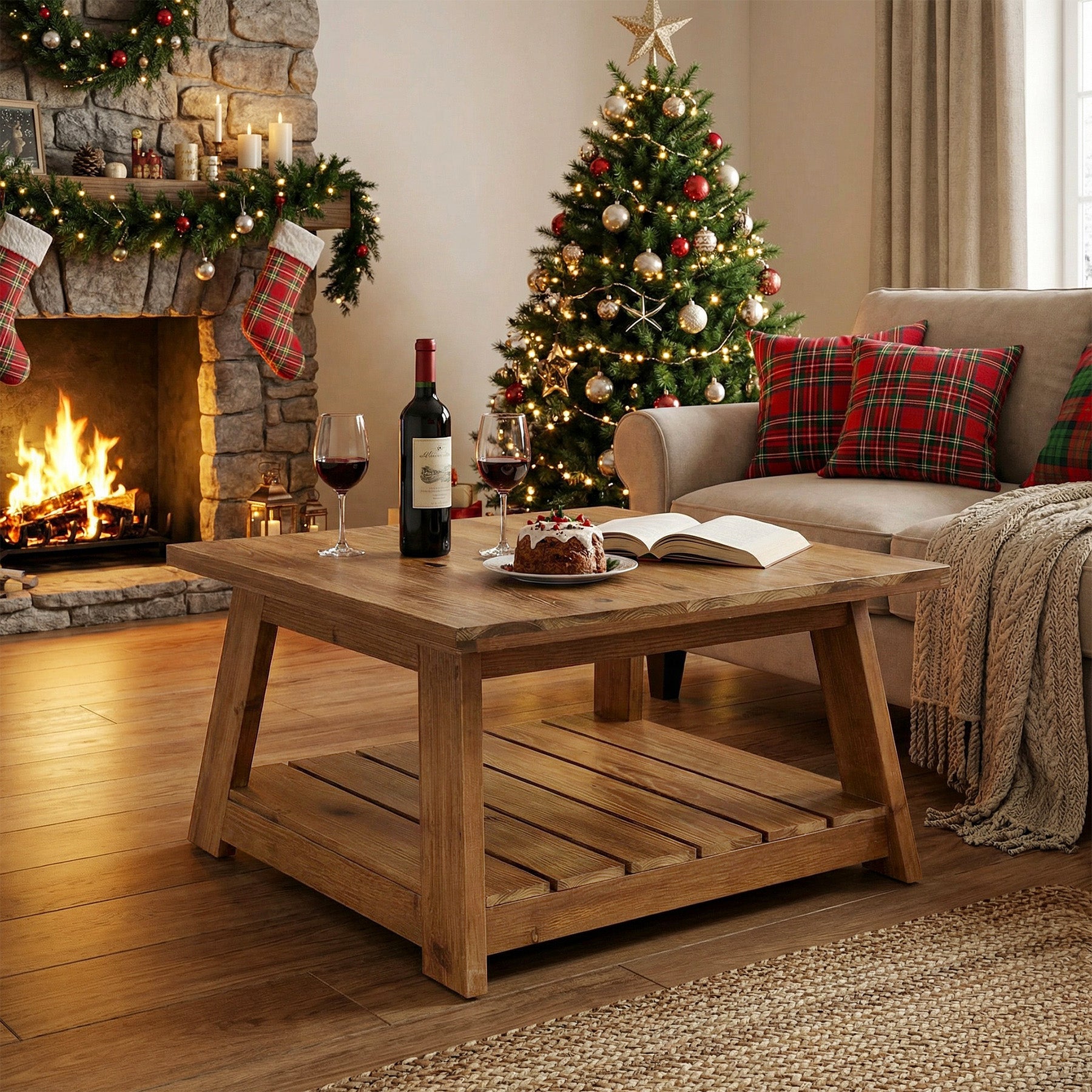 31.5" Square Coffee Table, Solid Wood 2-Tier Accent Center Cocktail Table