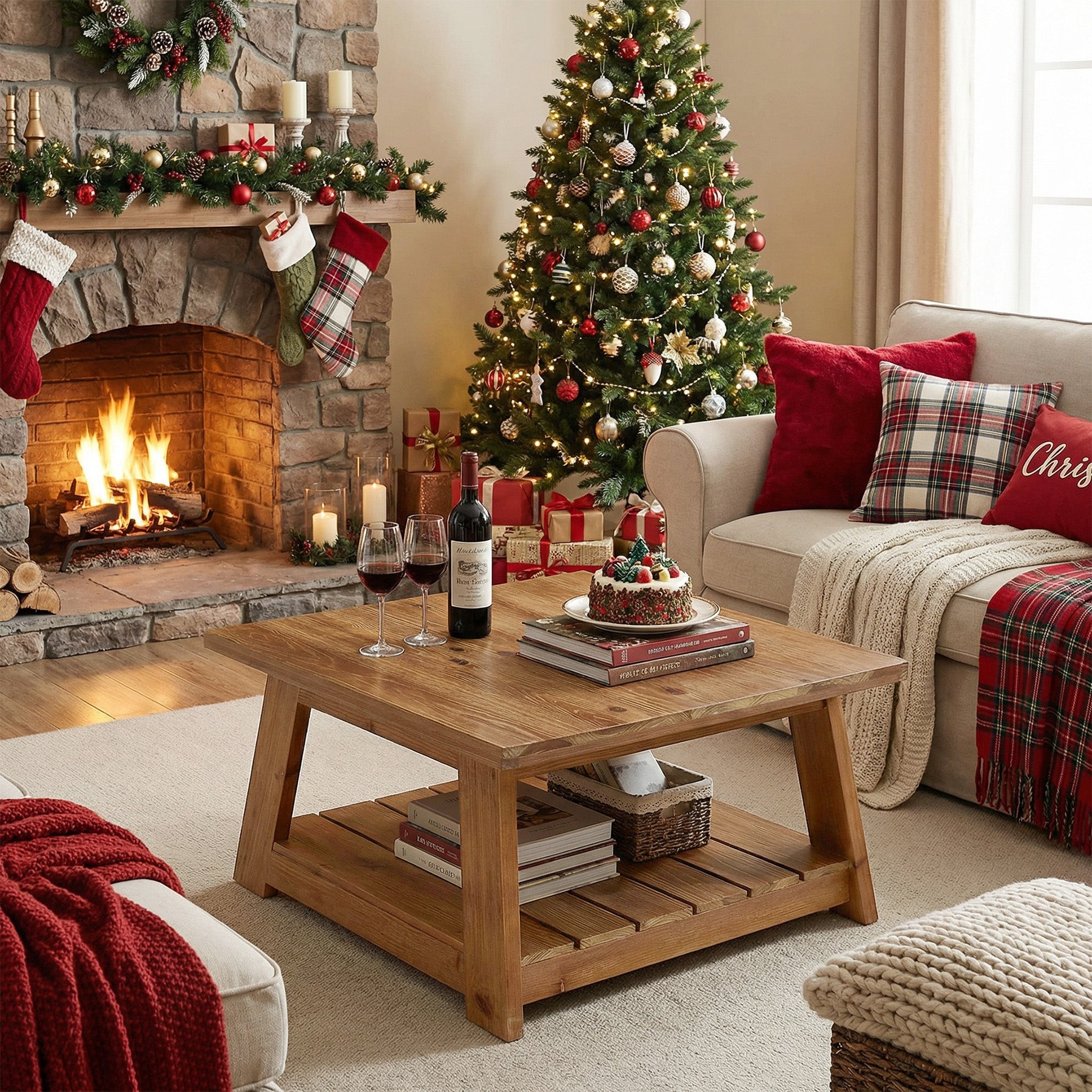 31.5" Square Coffee Table, Solid Wood 2-Tier Accent Center Cocktail Table