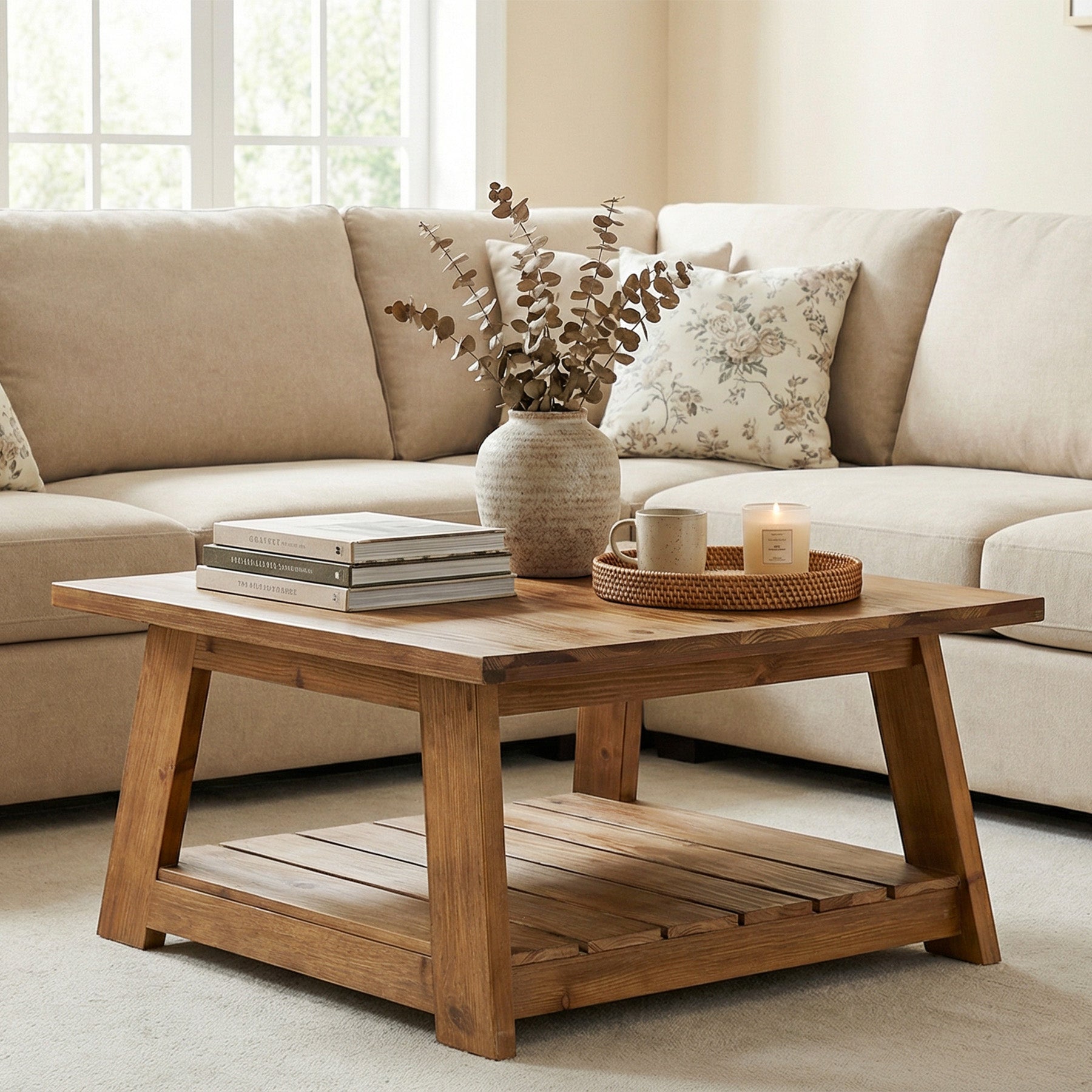 31.5" Square Coffee Table, Solid Wood 2-Tier Accent Center Cocktail Table
