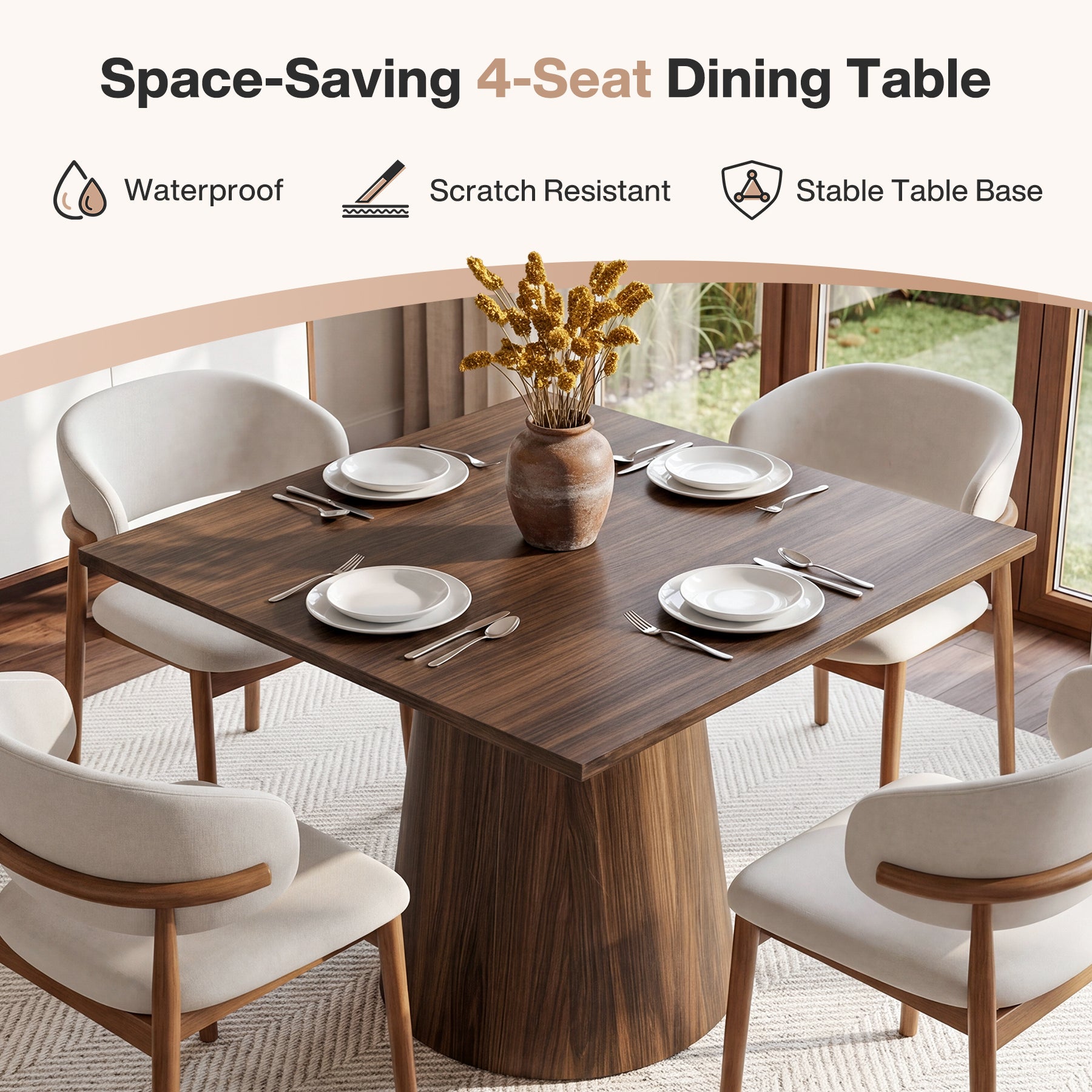 31.5" Square Dining Table, Mid-Century Modern Kitchen Table with Pedestal Base