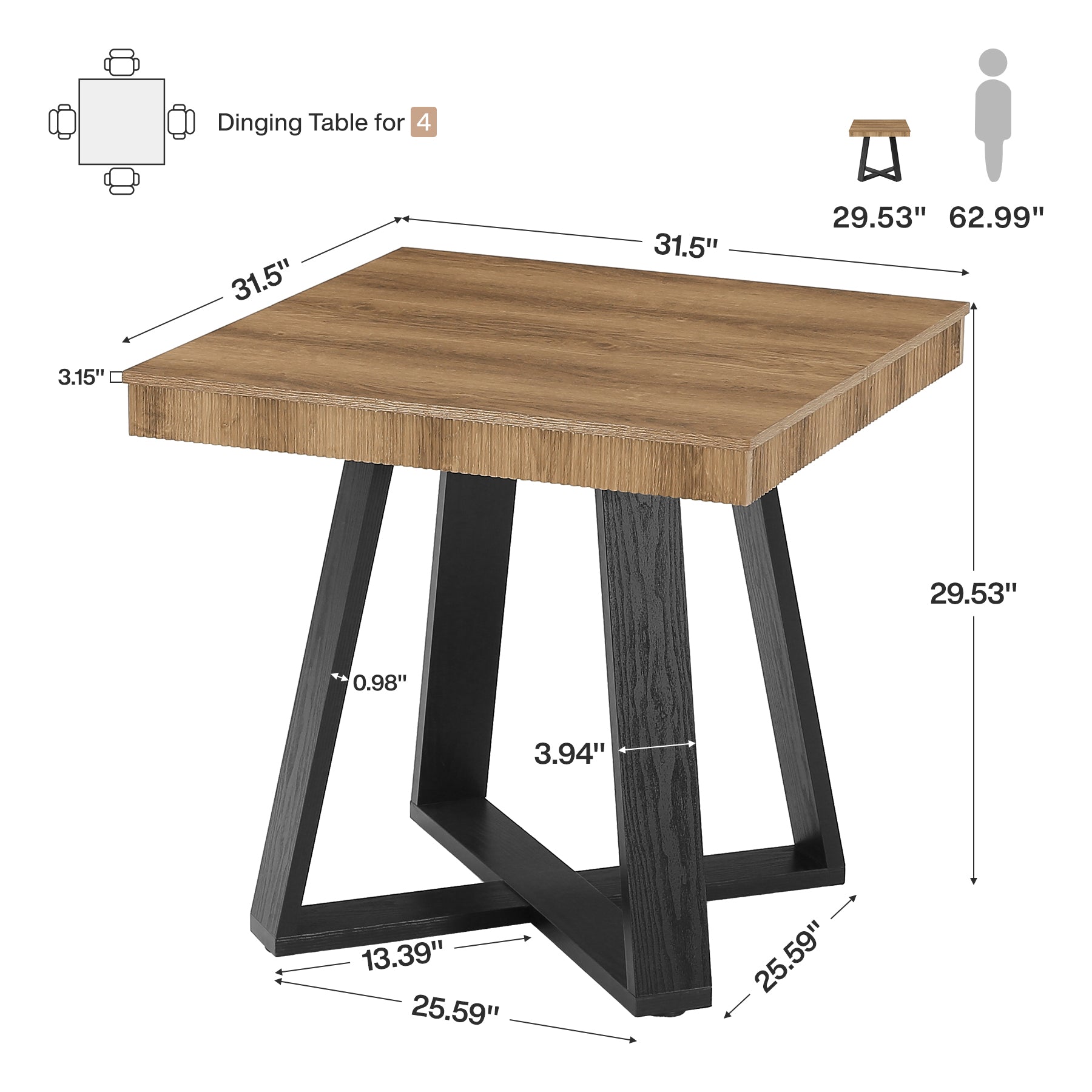 31.5" Square Dining Table, Small Kitchen Table with Fluted Edge for 4
