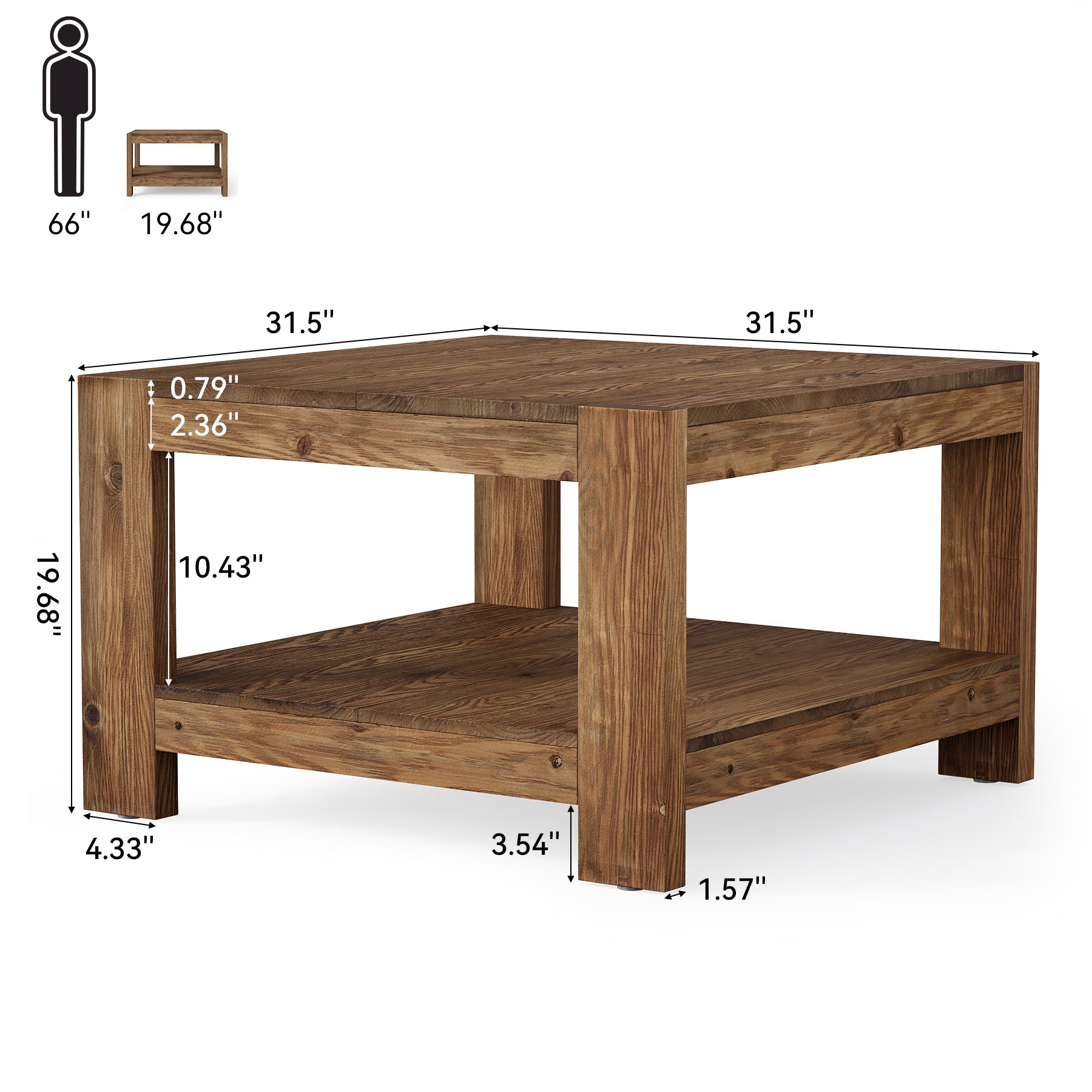 31.5" Wood Coffee Table, Square Farmhouse Center Table with Storage Shelf