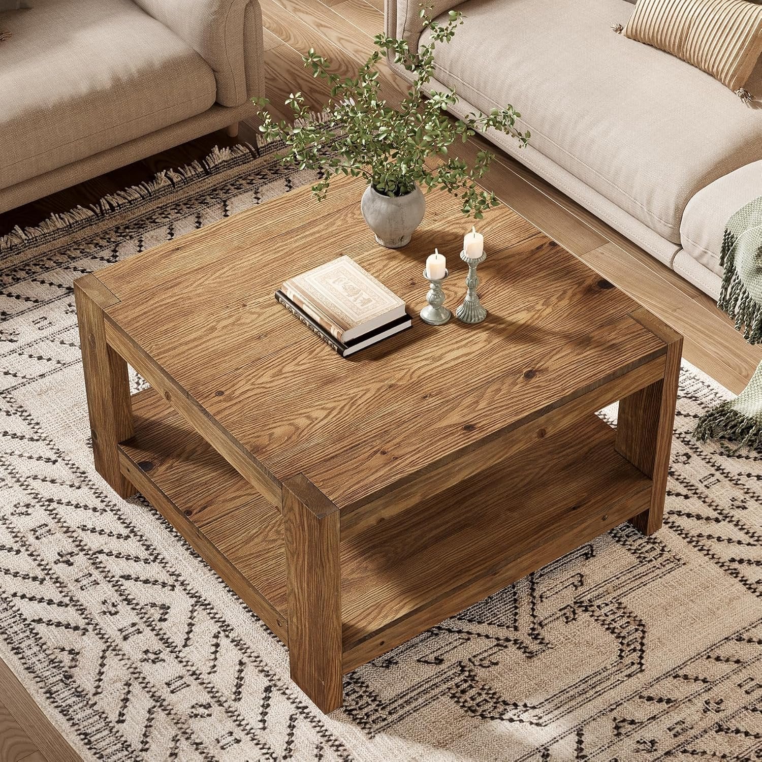 31.5" Wood Coffee Table, Square Farmhouse Center Table with Storage Shelf