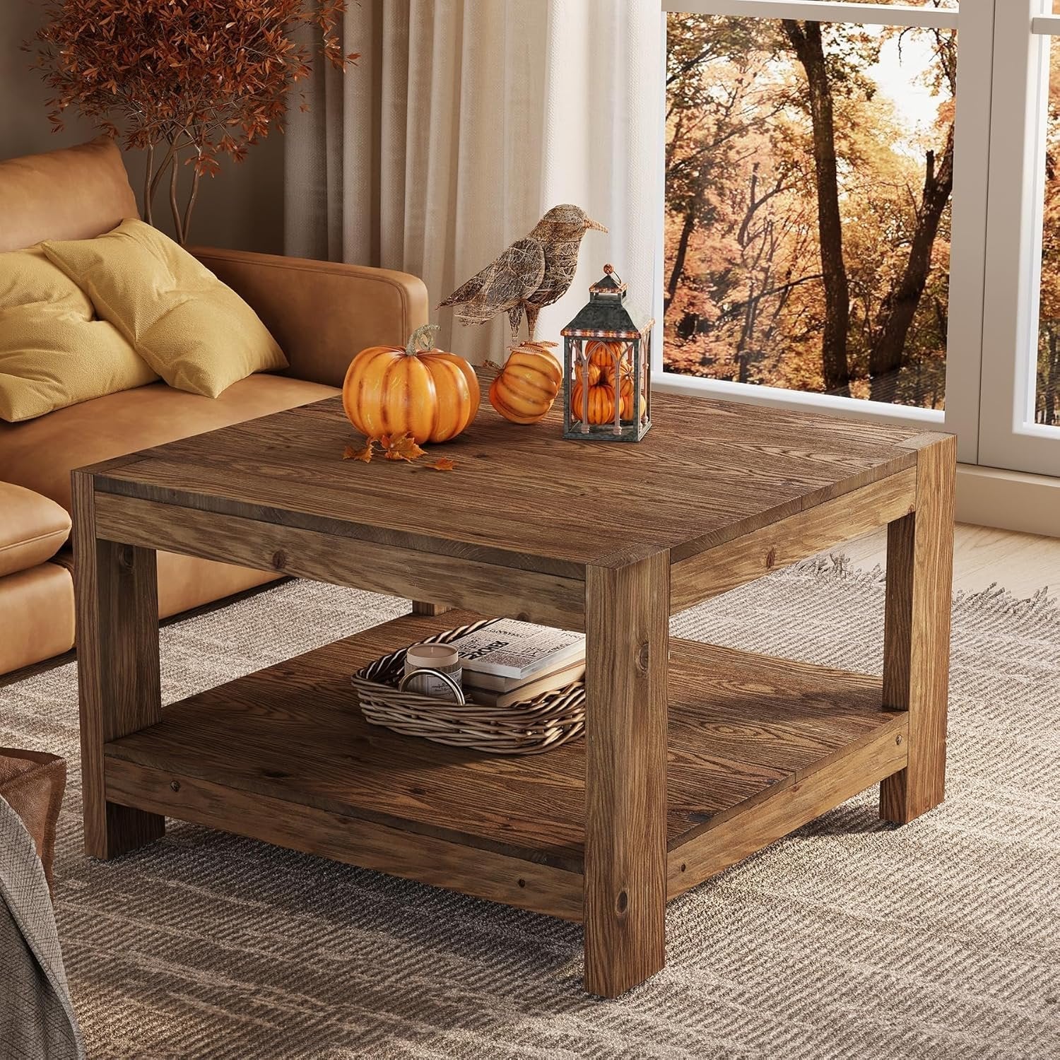 31.5" Wood Coffee Table, Square Farmhouse Center Table with Storage Shelf