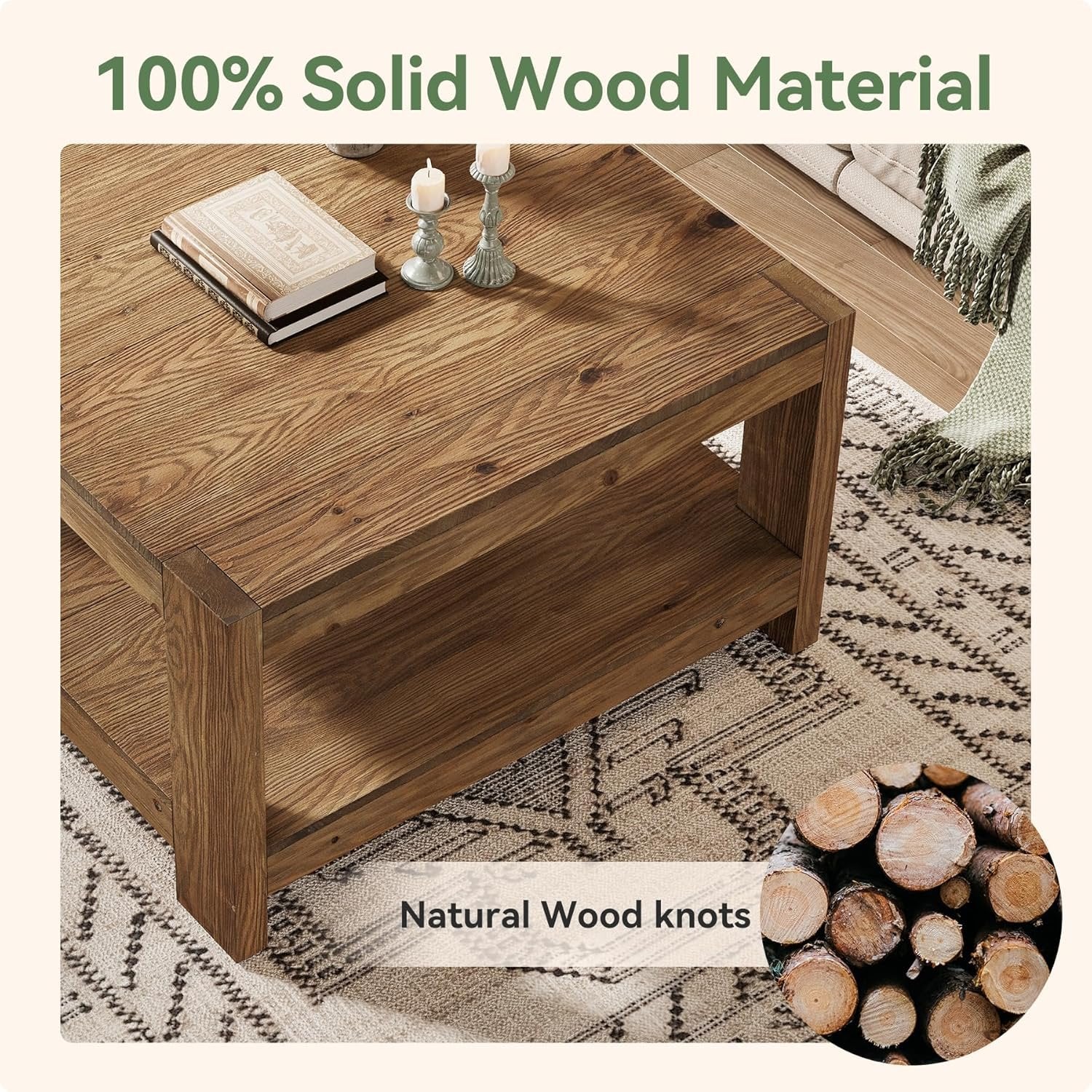 31.5" Wood Coffee Table, Square Farmhouse Center Table with Storage Shelf