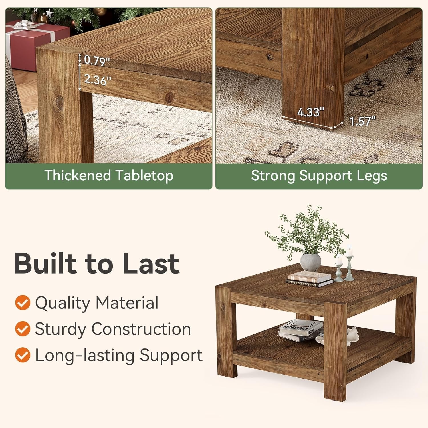 31.5" Wood Coffee Table, Square Farmhouse Center Table with Storage Shelf